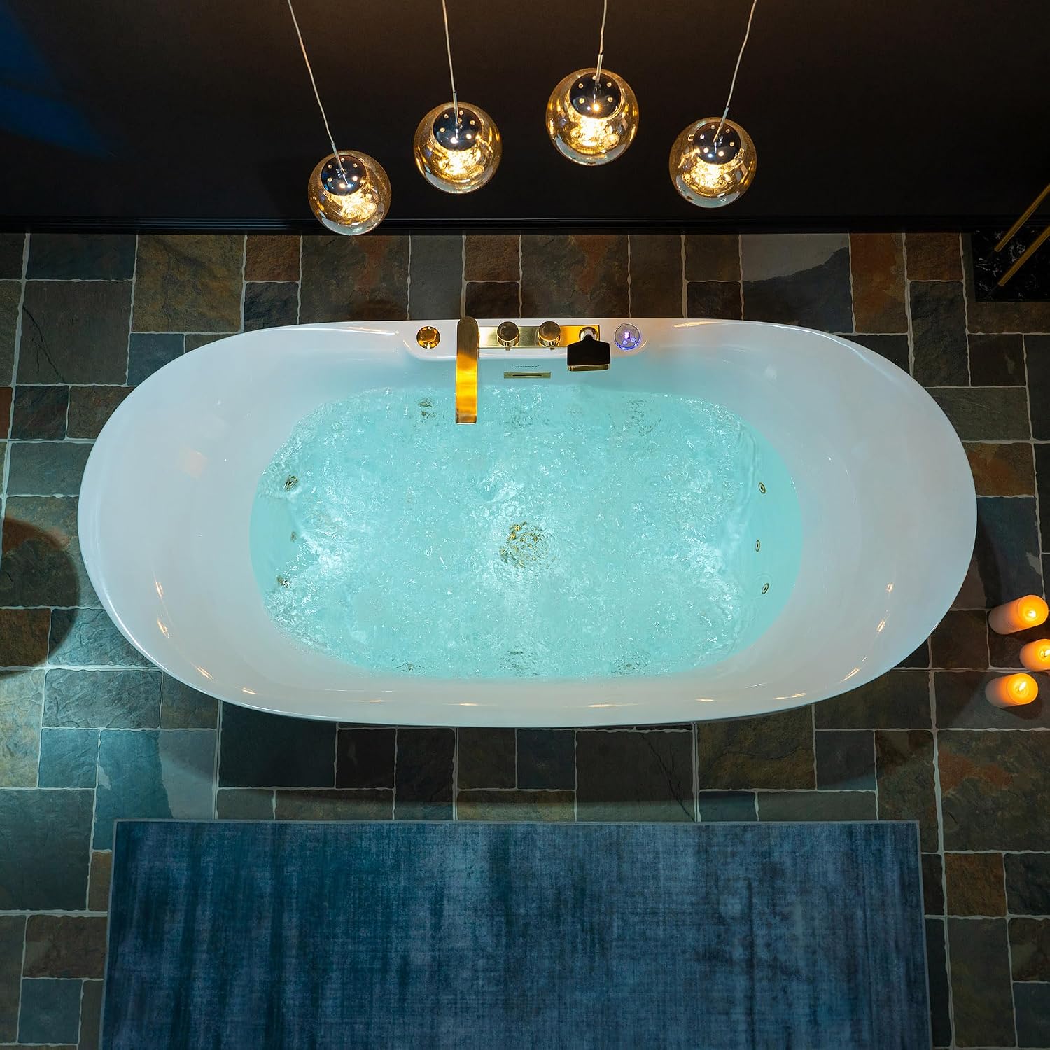 WOODBRIDGE 72' x 35-3/8' Whirlpool and Air Bath Heated Soaking Combination Tub with Adjustable Speed Air Blower and Display Control Panel, Brushed Gold Finish Trim and Drain Kit, BG400+F0045BG