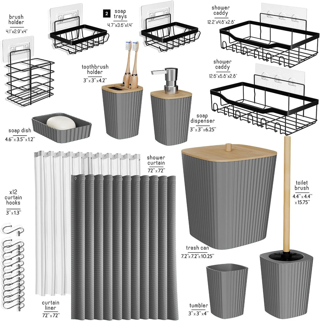 Hearth & Harbor Bathroom Accessories Set - Bathroom Set, 20PC Bathroom Accessory Set, Shower Curtain Set, Toilet Brush, Trash Can & Soap Dispenser (Grey, Shower Caddy + Bathroom Set)