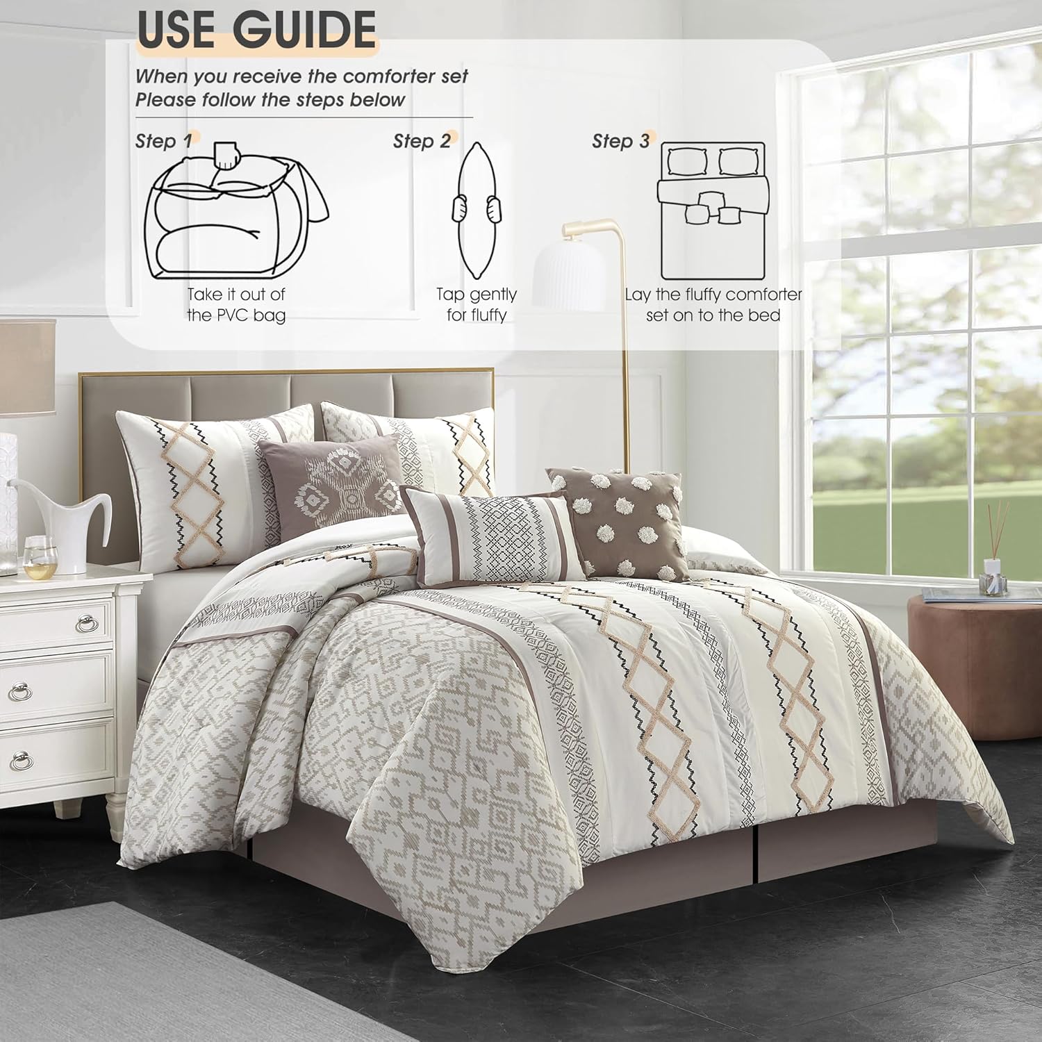 LANCO MODERN LIFESTYLE Taupe Queen Comforter Set, 7 Pieces All Season Bedding Sets in a Bag with Geometric Terry Embroidered Comforter, Bed Skirt, Pillow Shams and Decorative Pillows