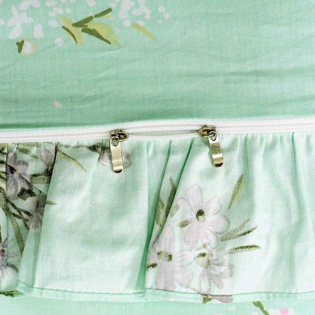 FADFAY Shabby Green Floral Bedding 100% Cotton Princess Lace Ruffle Girls Duvet Cover Set with Bedskirt, 4Pcs, Queen Size