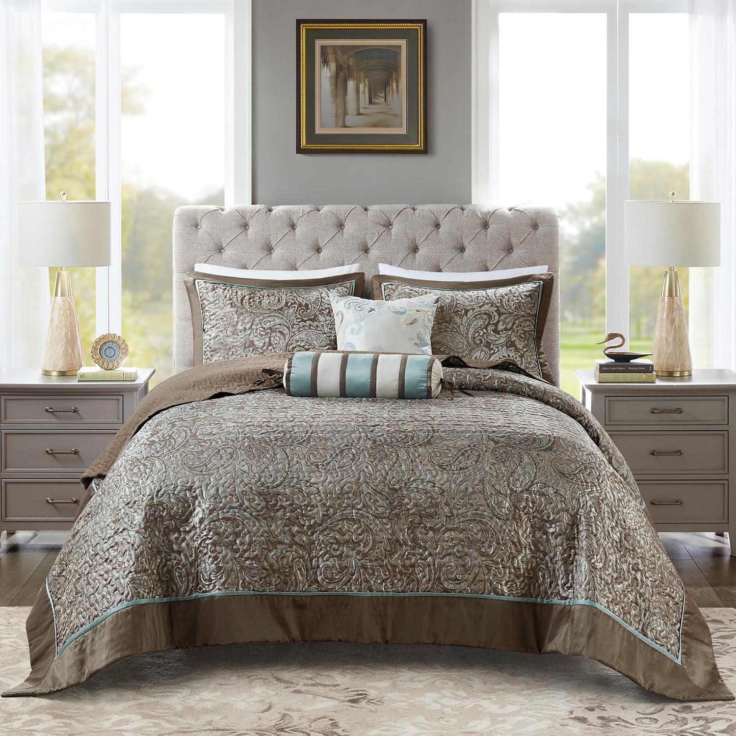 Madison Park Aubrey Reversible Quilted Bedspread Set, Solid Reverse Summer Breathable, Lightweight All Season Bedding Layer, Matching Shams, Bedspread King(120'x118'), Blue 5 Piece
