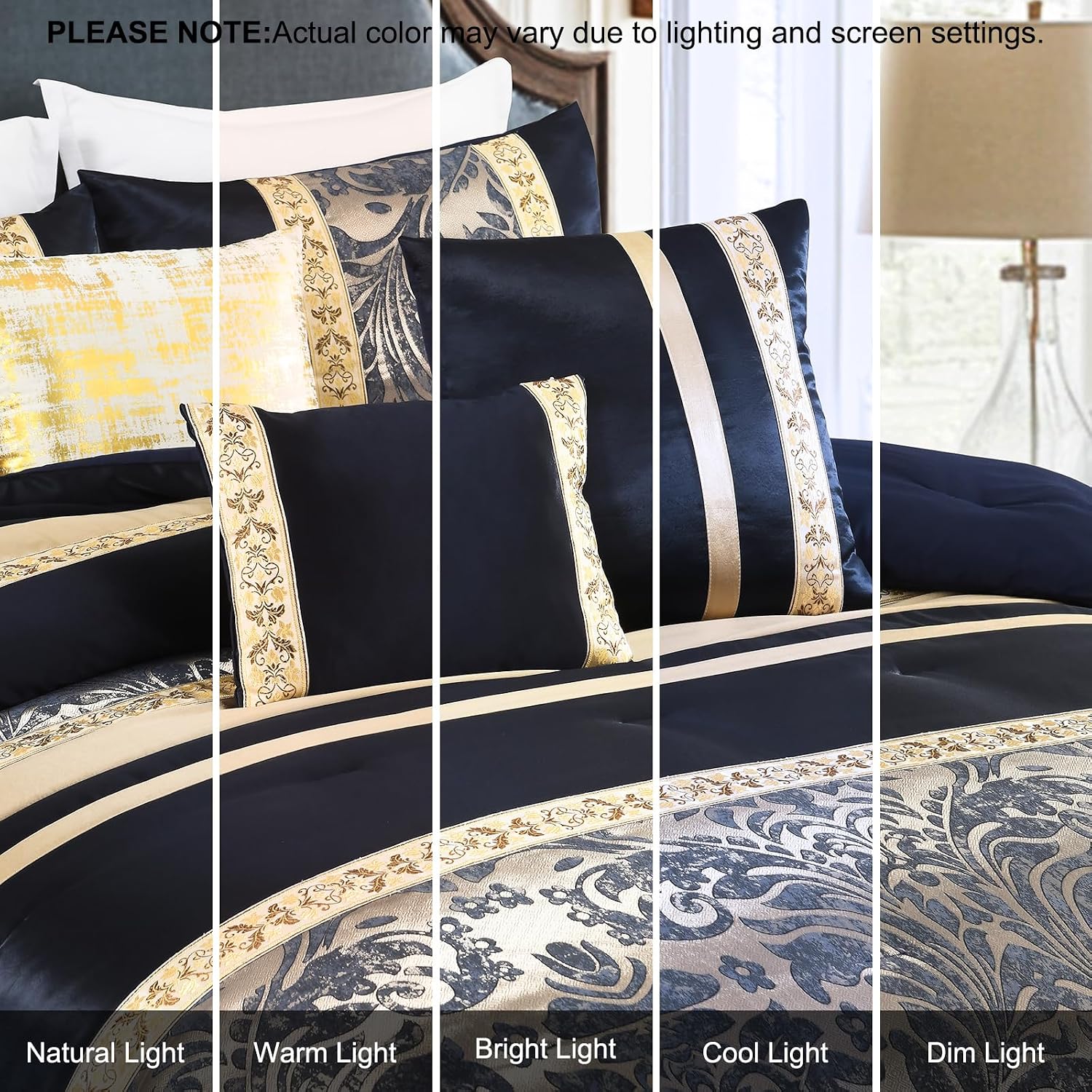 Finlonte King Size Comforter Set, Navy Blue Gold, 7 Piece Bed in a Bag for All Seasons, Luxury Vintage Floral Jacquard Damask Paisley Patchwork, Bedding Sets with Bedskirt, Shams and Decor Pillows