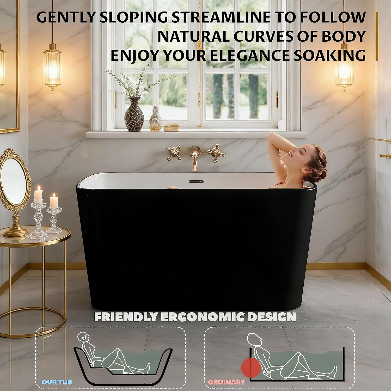 Garvee 49 Inch Acrylic Soaking Bathtub, Modern Square Design, Deep Ergonomic Tub with Matte Drain & Black Overflow, Double-Walled Insulation, Glossy White, CUPC Certified