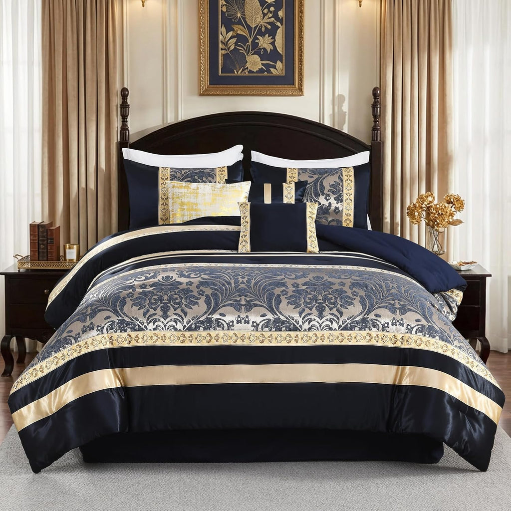 Finlonte King Size Comforter Set, Navy Blue Gold, 7 Piece Bed in a Bag for All Seasons, Luxury Vintage Floral Jacquard Damask Paisley Patchwork, Bedding Sets with Bedskirt, Shams and Decor Pillows