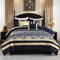 Finlonte King Size Comforter Set, Navy Blue Gold, 7 Piece Bed in a Bag for All Seasons, Luxury Vintage Floral Jacquard Damask Paisley Patchwork, Bedding Sets with Bedskirt, Shams and Decor Pillows