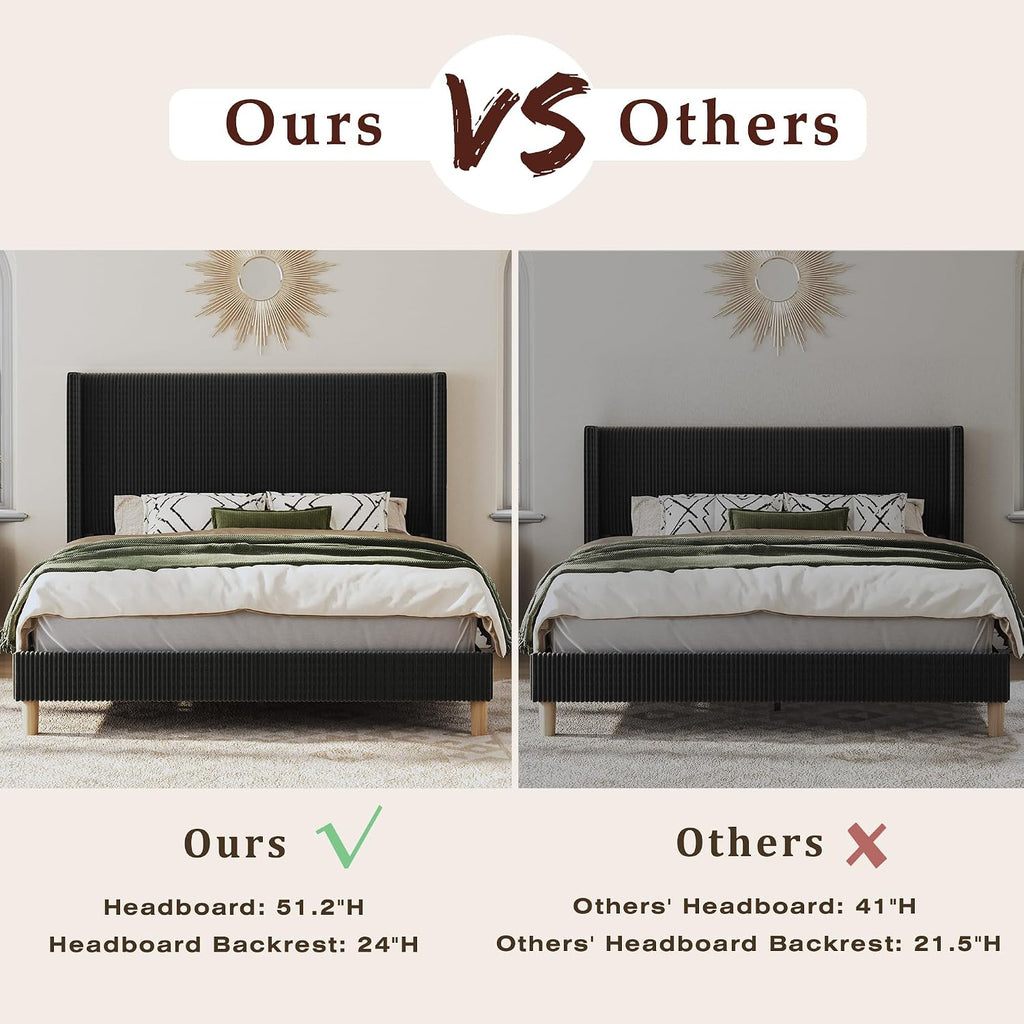 HUAHUU Queen Bed Frame with 51.2' Tall Headboard, Corduroy Upholstered Bed Frame with Wingback, Platform Bed with Wooden Slats Support, Easy Assembly, No Box Spring Needed, Black
