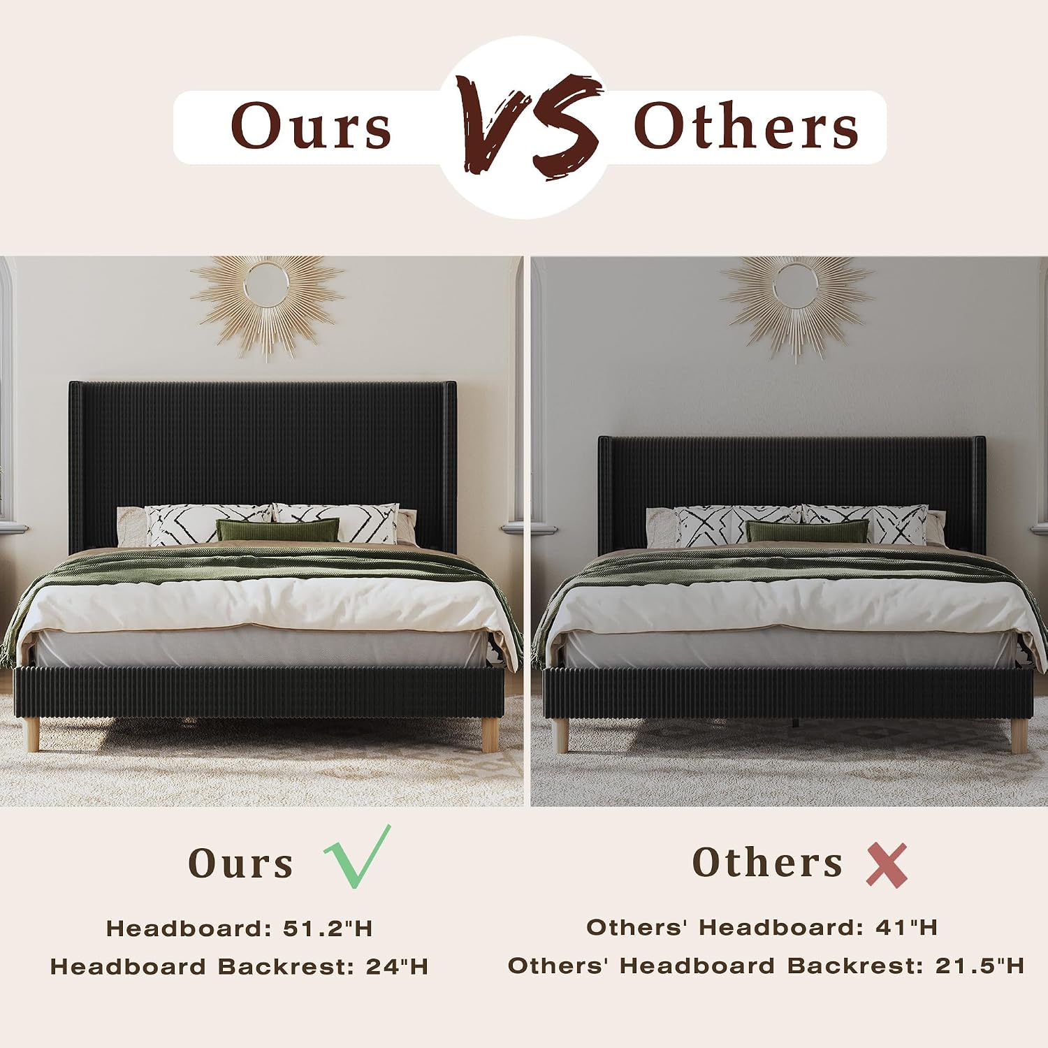 HUAHUU Queen Bed Frame with 51.2' Tall Headboard, Corduroy Upholstered Bed Frame with Wingback, Platform Bed with Wooden Slats Support, Easy Assembly, No Box Spring Needed, Black