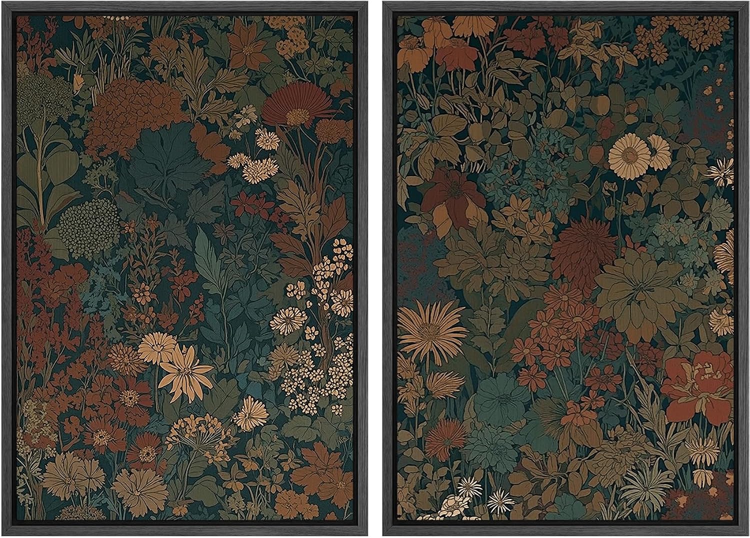 SIGNFORD Framed Canvas Print Wall Art Set Vintage Botanical Floral Dark Green and Rust Toned Illustration Modern Art Decorative Nordic Nature for Living Room, Bedroom, Office - 24'x36'x2 Black