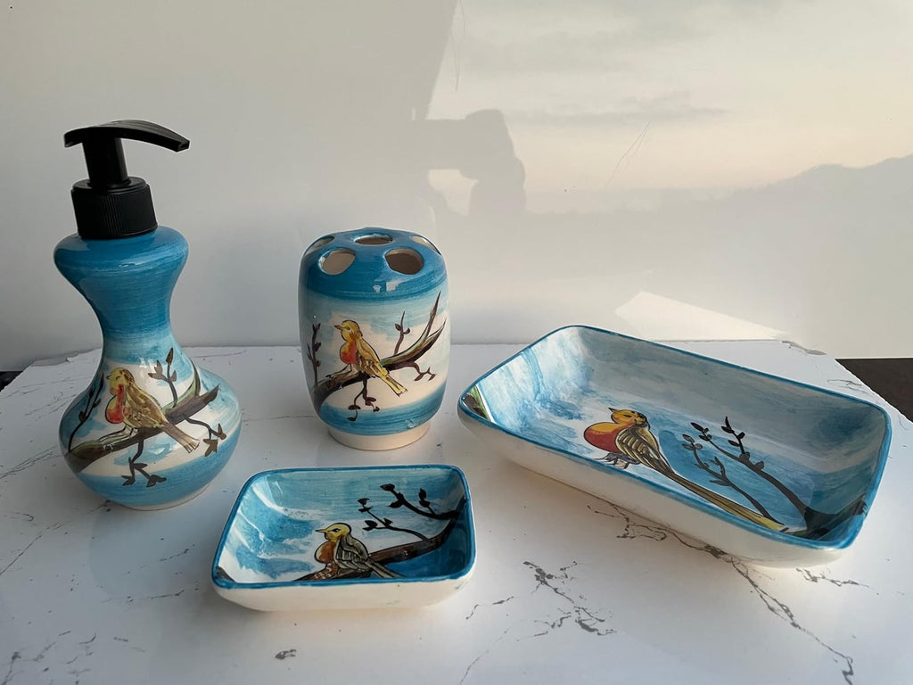 Blue Bathroom Accessory Set 4 Pieces & Birds, Soap Dispenser, Toothbrush Holder, Soap Dish, Lotion Dispenser, Animal Decor, Washing Set Gift (Product ?: Set (4 pcs))