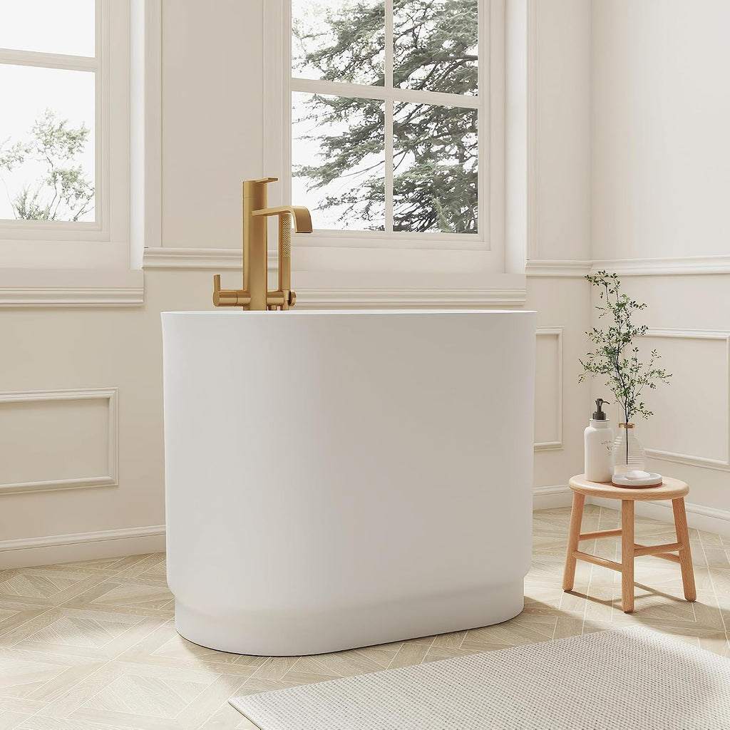 SJ Star&Jane Solid Surface Japanese Soaking Tub, 39' Small Freestanding Bathtub, Stone Resin Deep Soak Stand Alone Tub for Small Bathroom, Matte White Compact Modern Bath Tub