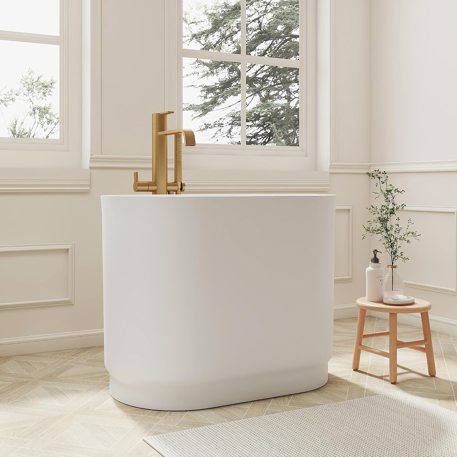 SJ Star&Jane Solid Surface Japanese Soaking Tub, 39' Small Freestanding Bathtub, Stone Resin Deep Soak Stand Alone Tub for Small Bathroom, Matte White Compact Modern Bath Tub