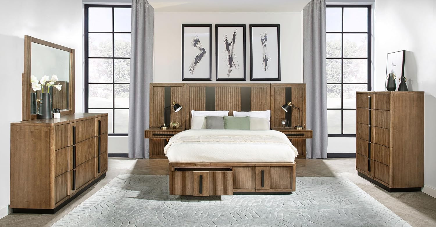 Coaster Home Furnishings Terrace Transitional 6-Piece Bedroom Set Queen Size Wall Panel Storage Bed Frame 58-inch Headboard Ash Brown 224900Q-S6P
