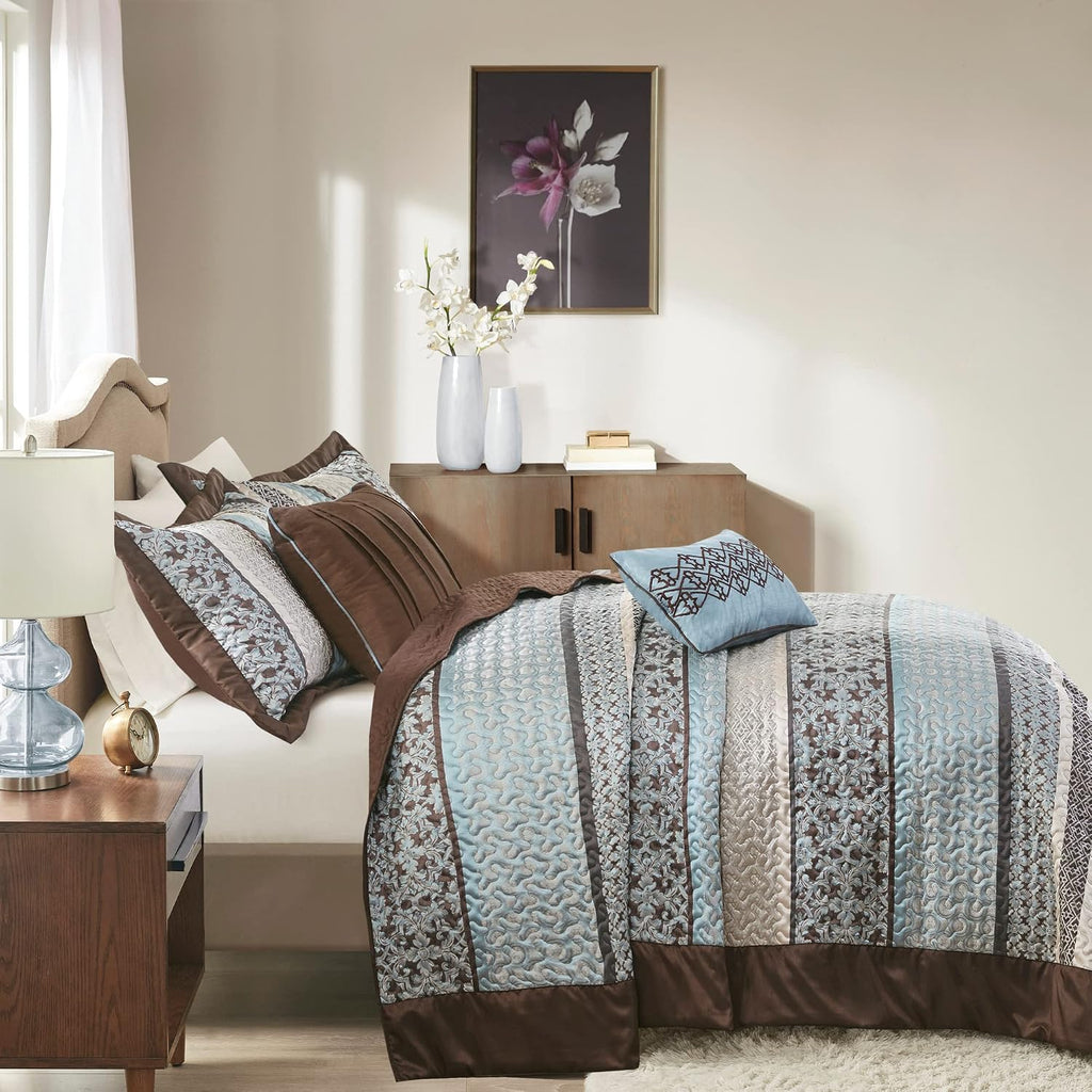 Madison Park Princeton Reversible Quilted Bedspread Set, Solid Reverse Summer Breathable, Lightweight All Season Bedding Layer, Matching Shams, Bedspread King(120'x118'), Blue 5 Piece
