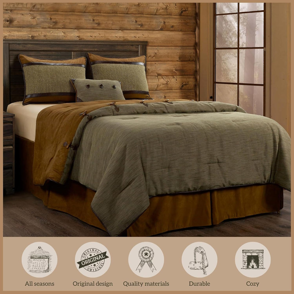 Paseo Road Highland Lodge Rustic Bedding Twin Size Comforter Set, 4 Piece Rustic Comforter Set with Bed Skirt, Sham, Accent Pillow, Green Brown Chenille Jacquard Cabin Bedding Set, Cozy Lodge Bedding