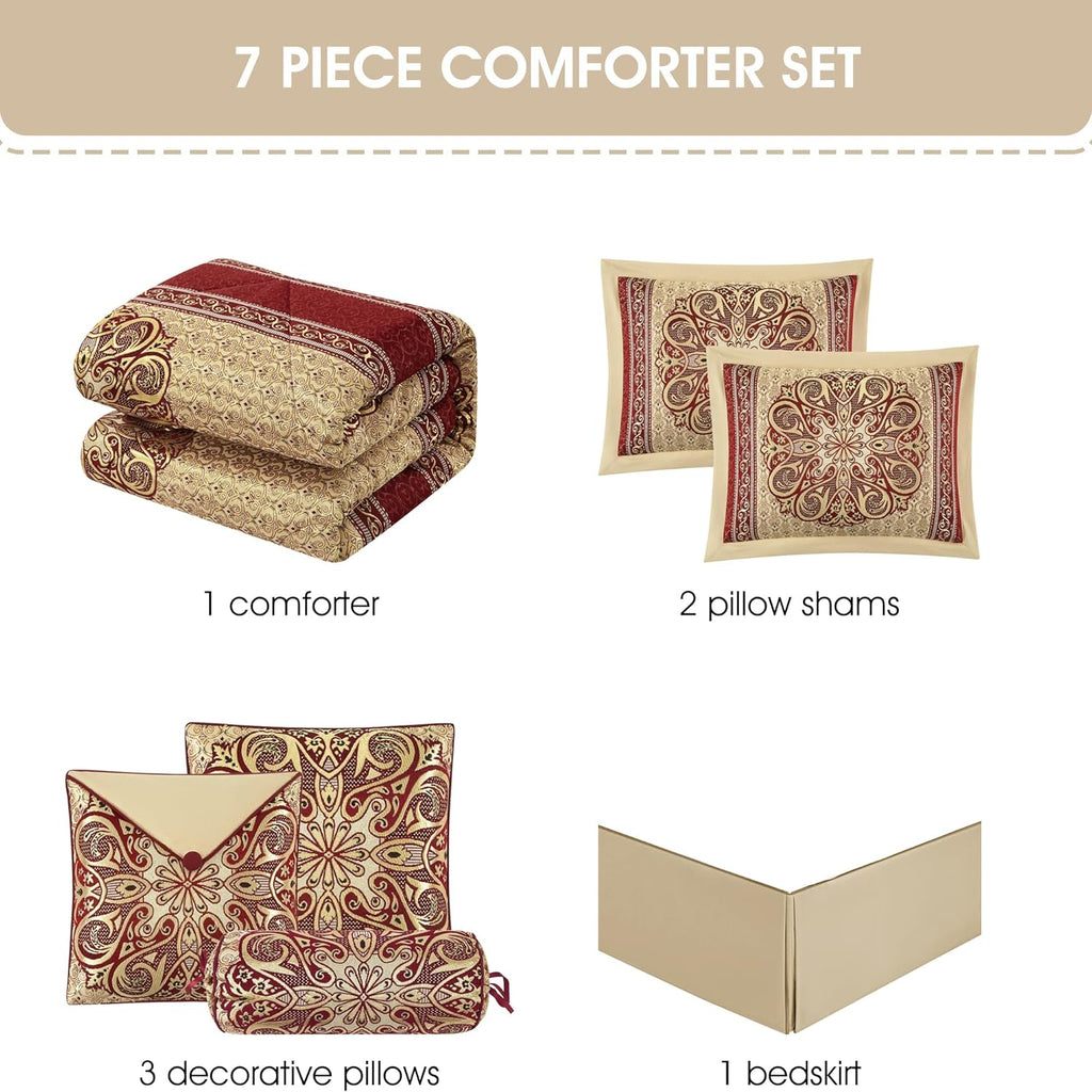 Grand Avenue Wine Gold Jacquard Comforter Set,Size Queen, 7 Piece, Burgundy Home Decor, Premium Lightweight Microfiber, Matching Bedskirt, Decorative Pillows & Shams, All Season Luxurious Bedding Set