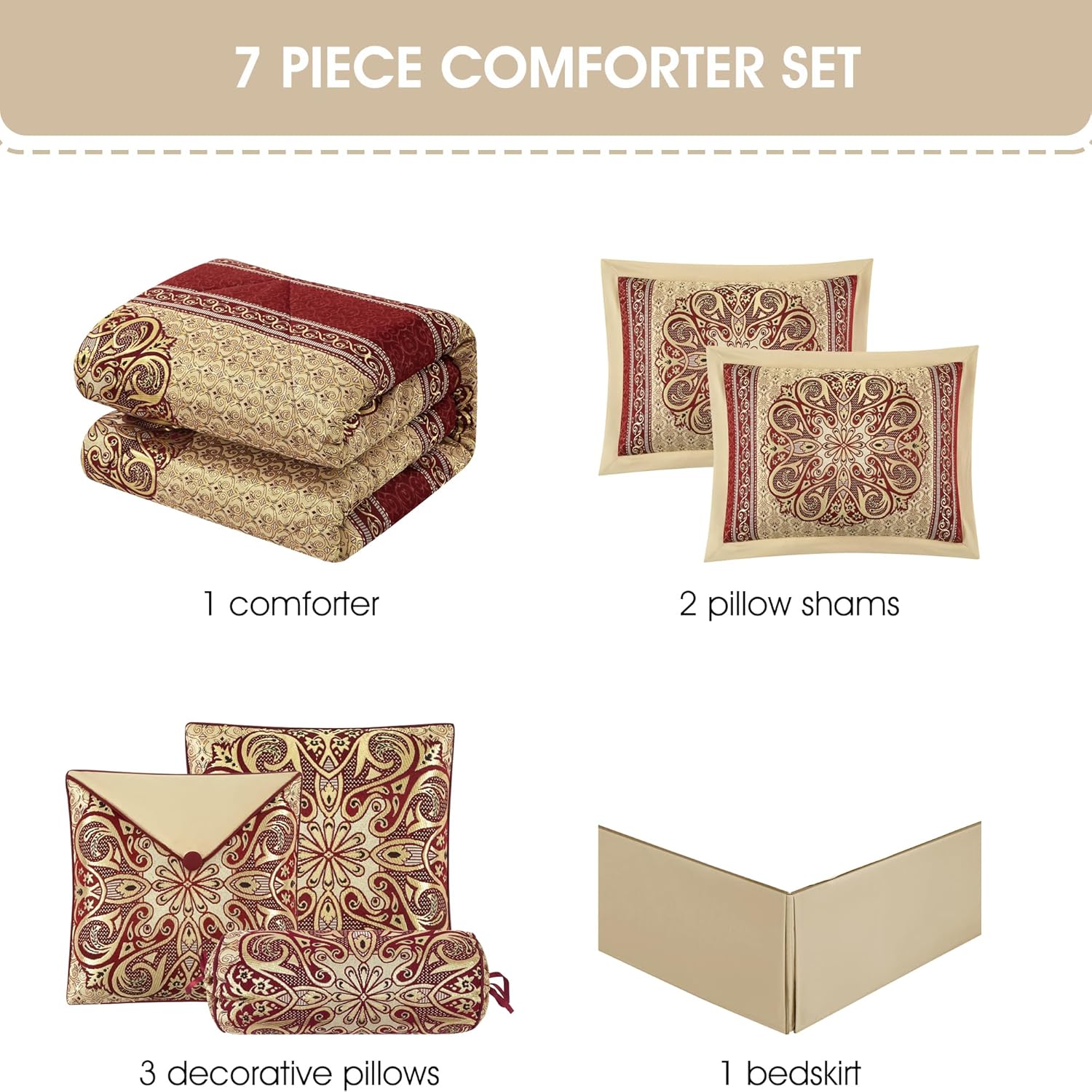 Grand Avenue Wine Gold Jacquard Comforter Set,Size Queen, 7 Piece, Burgundy Home Decor, Premium Lightweight Microfiber, Matching Bedskirt, Decorative Pillows & Shams, All Season Luxurious Bedding Set