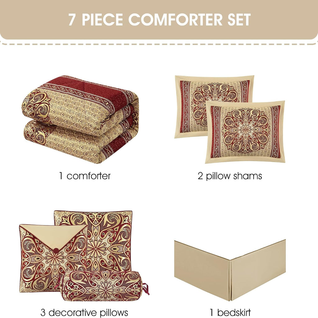 Grand Avenue Wine Gold Jacquard Comforter Set, Size Cal King, 7 Piece, Burgundy Home Decor, Premium Cozy, Matching Bedskirt, Decorative Pillows & Shams. All Season Luxurious Bedding Set