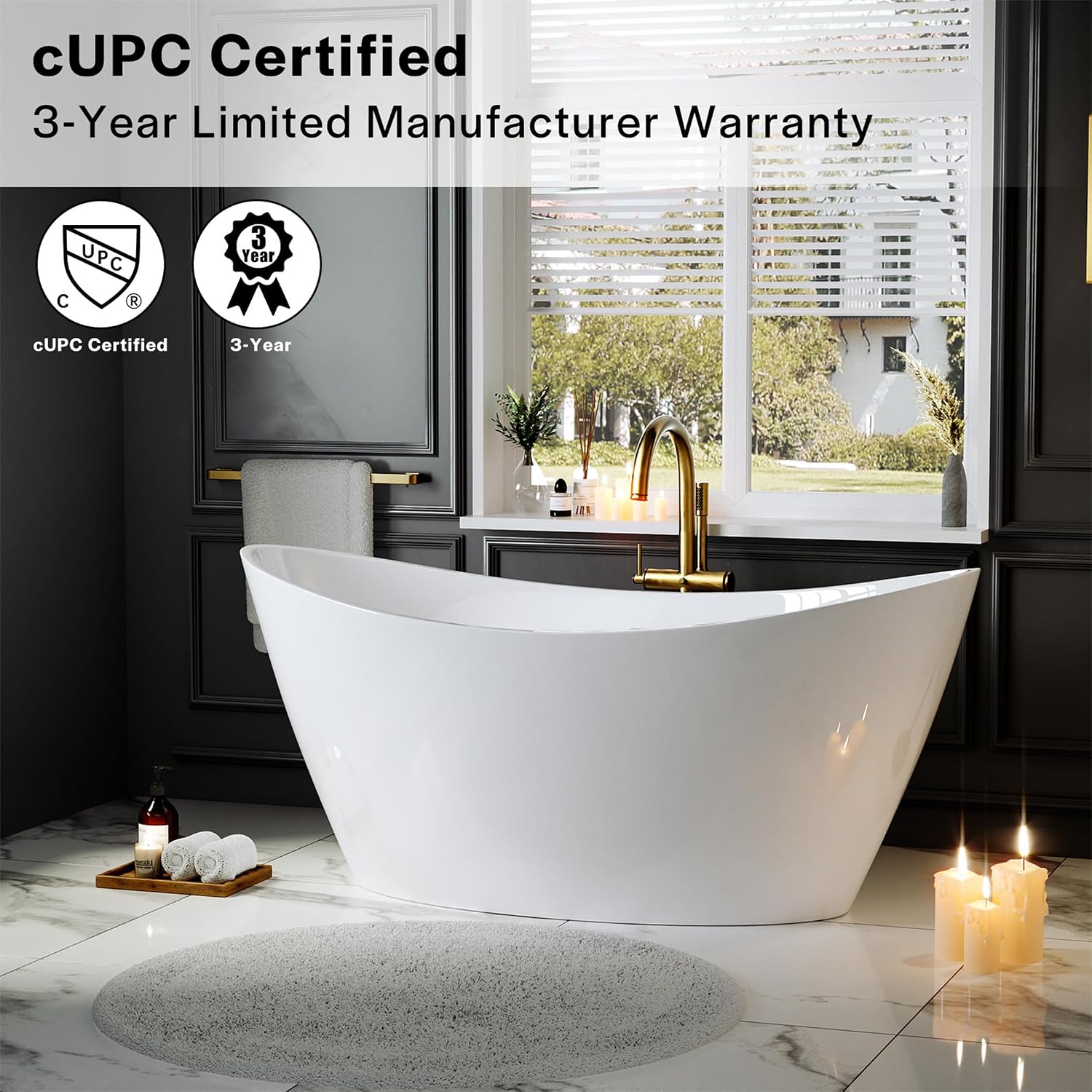 Empava Freestanding Bathtub, Acrylic Soaking Tub with Brushed Nickel Drain & Overflow – Modern Standalone Shower Tub, Non-Slip Flat Bottom Design, Glossy White, 59 Inch,cUPC Certified