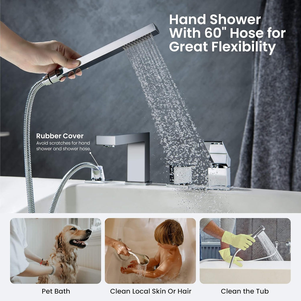 KIBI Cube Single Handle Roman Tub Faucet with Hand Shower | Deck Mounted Bathtub Faucet Set with Solid Brass Construction, Smooth Water Flow & Diverter for Easy Operation (Chrome Finish, KTF3102)