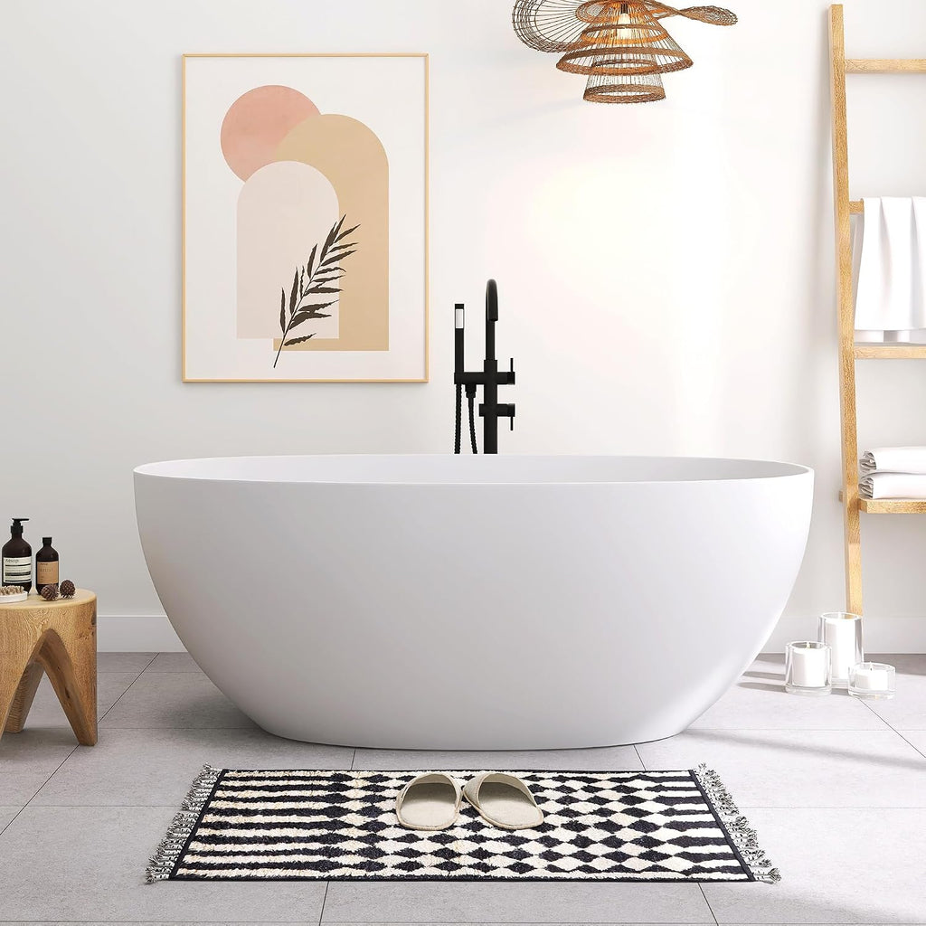 59' Freestanding Solid Surface Bathtub, Oval Stone Resin Soaking Tub Modern Design Stand Alone Tub with Pop-up Drain & Overflow Matte White