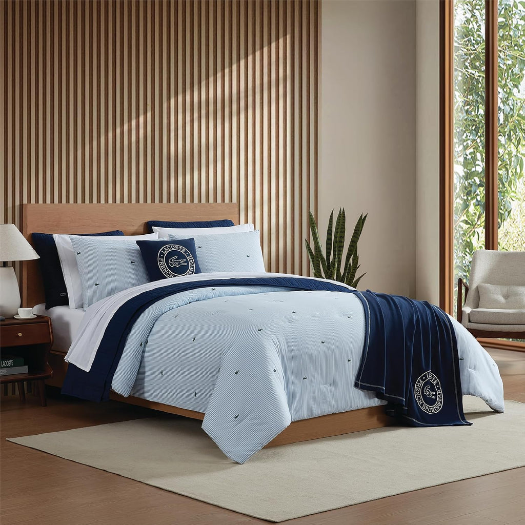 Lacoste Pinstripe Croc Comforter Set, 100% Percale Cotton 180TC, Breathable All Season Bedding with Embroidered Crocodile Logo, Blue, Full/Queen