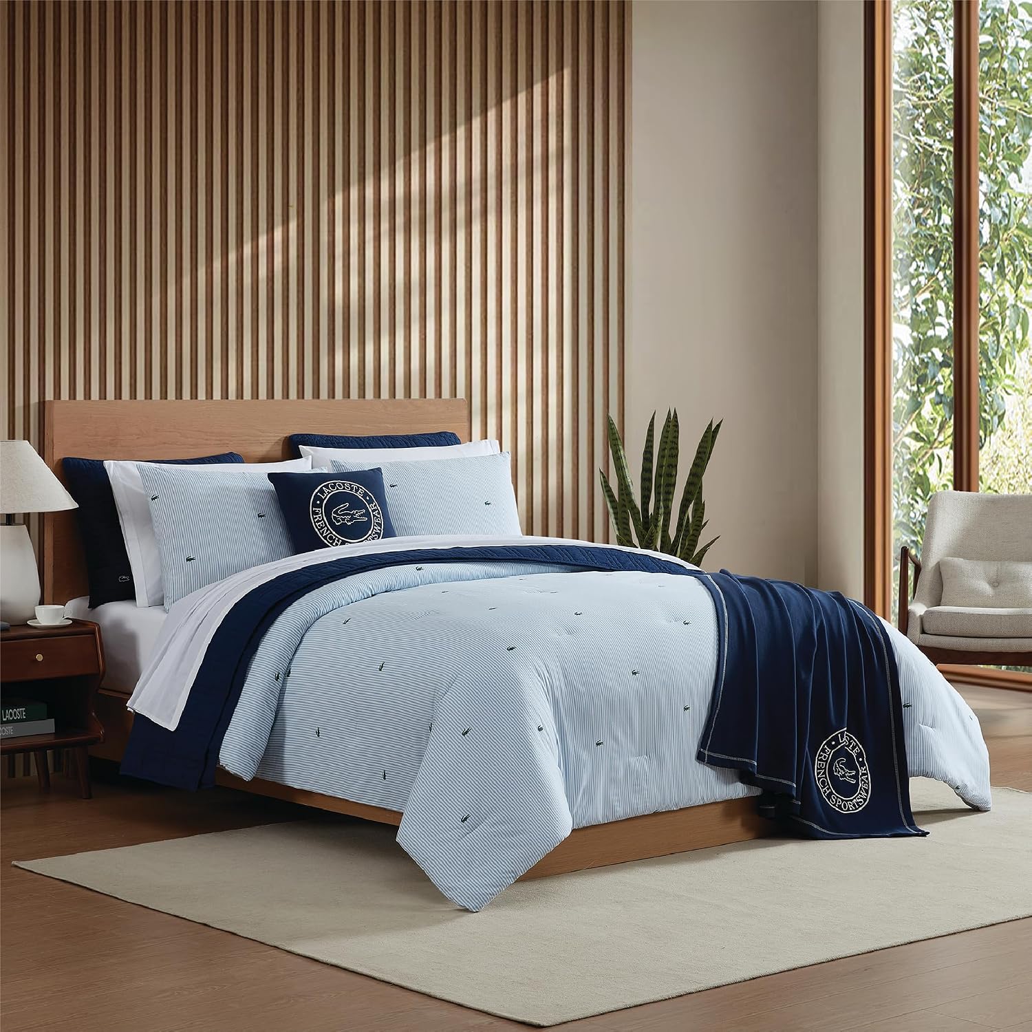 Lacoste Pinstripe Croc Comforter Set, 100% Percale Cotton 180TC, Breathable All Season Bedding with Embroidered Crocodile Logo, Blue, Full/Queen