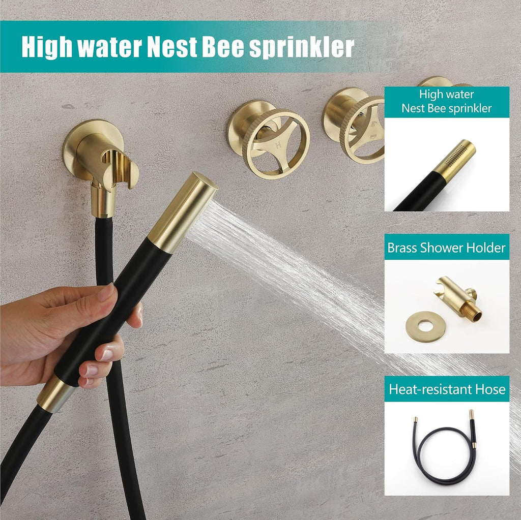 SKOWLL Rainfall Shower Faucet Set 3 Handle Shower Fixtures System Wall Mount 10 Inch Bathroom Shower Head Kit with 2 Function Shower Valve, Brushed Gold