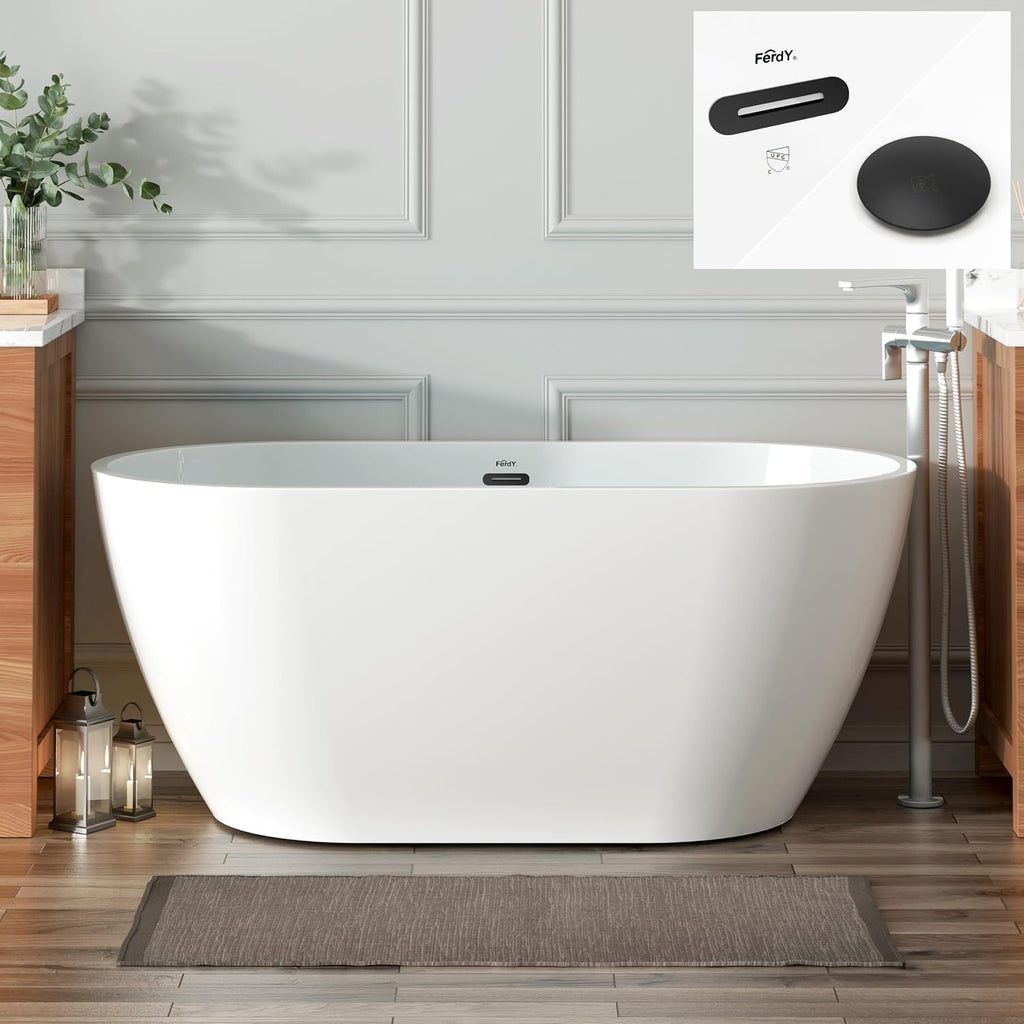 FerdY 55' Bali Acrylic Freestanding Bathtub, Gracefully Shaped Freestanding Soaking Bathtub, cUPC Certified, Toe-Tap Matte Black Drain and Matte Black Overflow Included