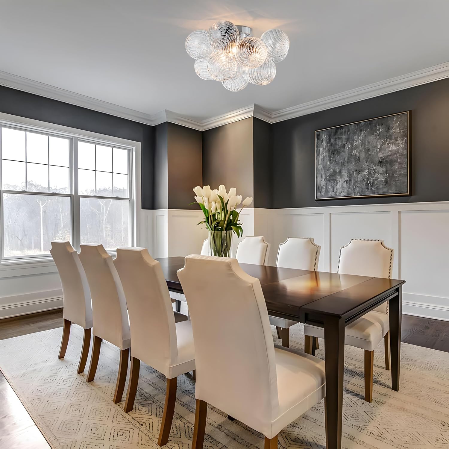 GoYeel Modern Chandelier Close to Ceiling Light Fixture 3 Light Contemporary Mid Century Glass Chandelier 18.5' with 13 Clear Swirled Globe Foyer Bedroom Living Room