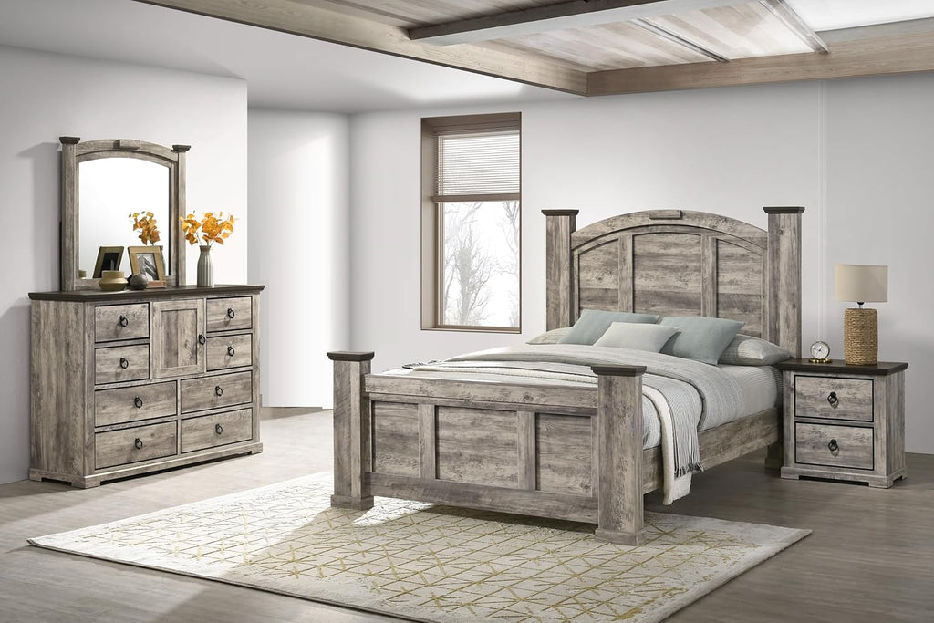 Rustic Gray Poster Queen Size 5pc Panel Bed Set Storage Wooden Solid Wood Bedroom Furniture