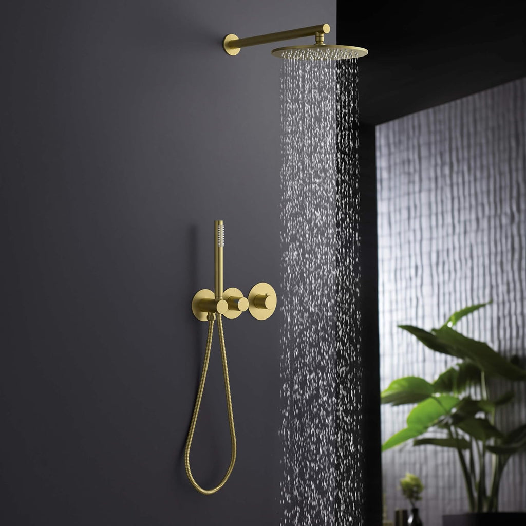 KIBI Circular Thermostatic Shower System with Valve, 2-Function Wall Mounted Bathroom Shower Faucet Set – Solid Brass Shower System with Temperature Control, Brushed Gold (KSF410)