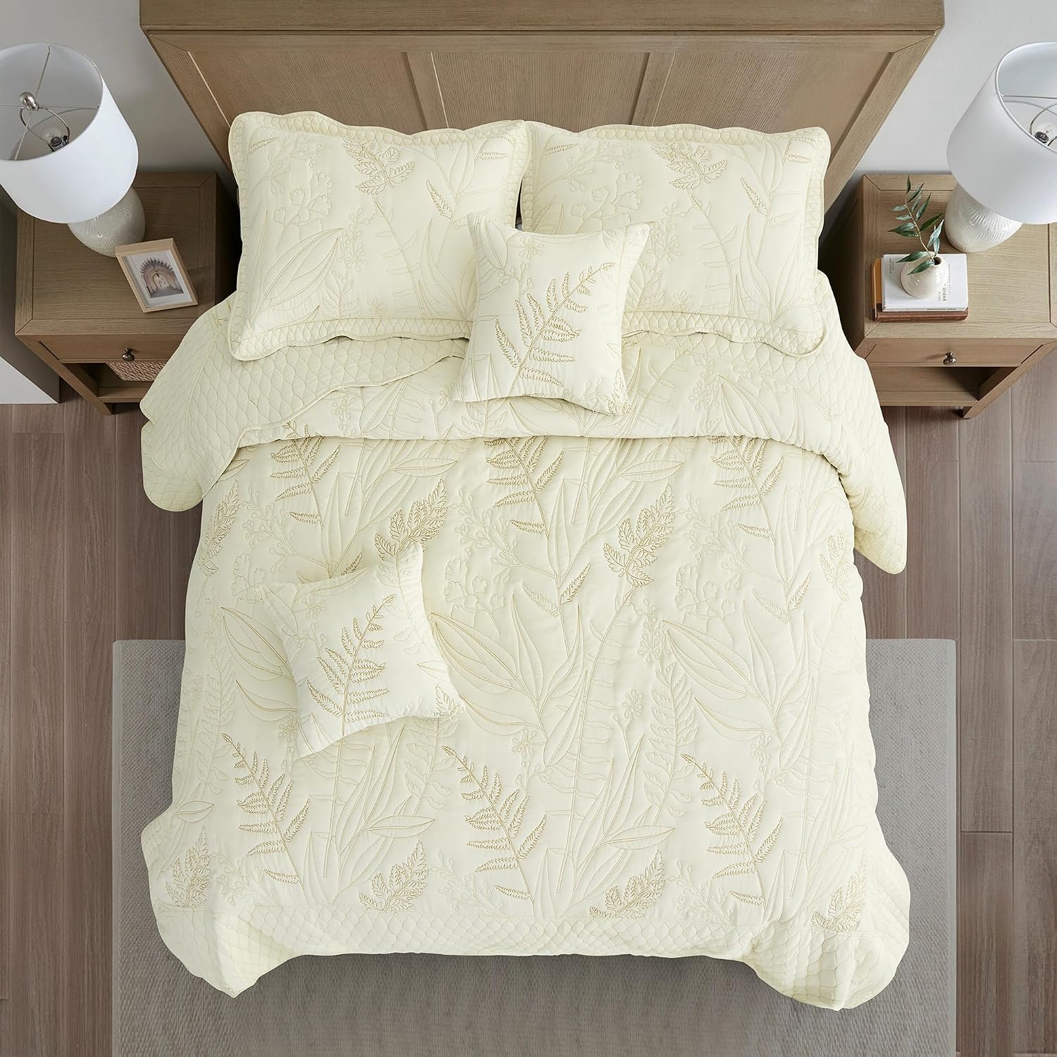 DaisyHuang Botanical Oversized Bedspread King Size - Leaves Pattern Stitching Quilt Set - Elegant & Fresh Style Bedding Coverlets, Reversible, Lightweight, 5 Piece, Ivory
