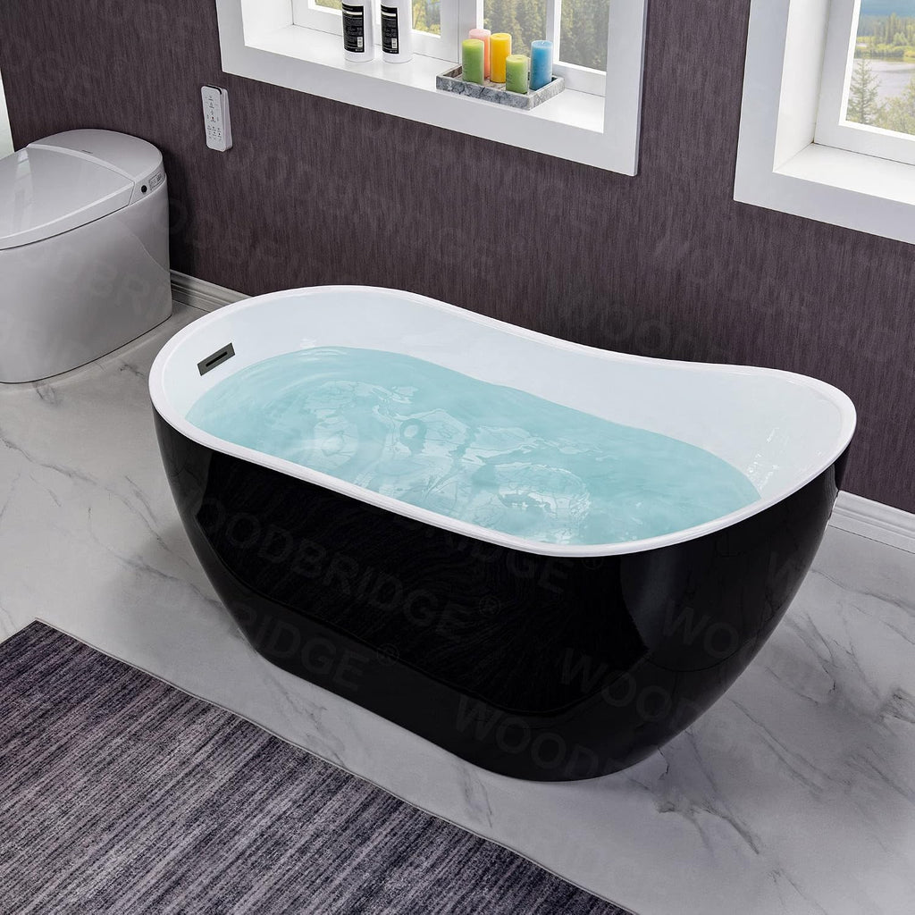 WOODBRIDGE 54' Acrylic Freestanding Bathtub Contemporary Soaking Black Tub with Matte Black Overflow and Drain，BTA1807-MB