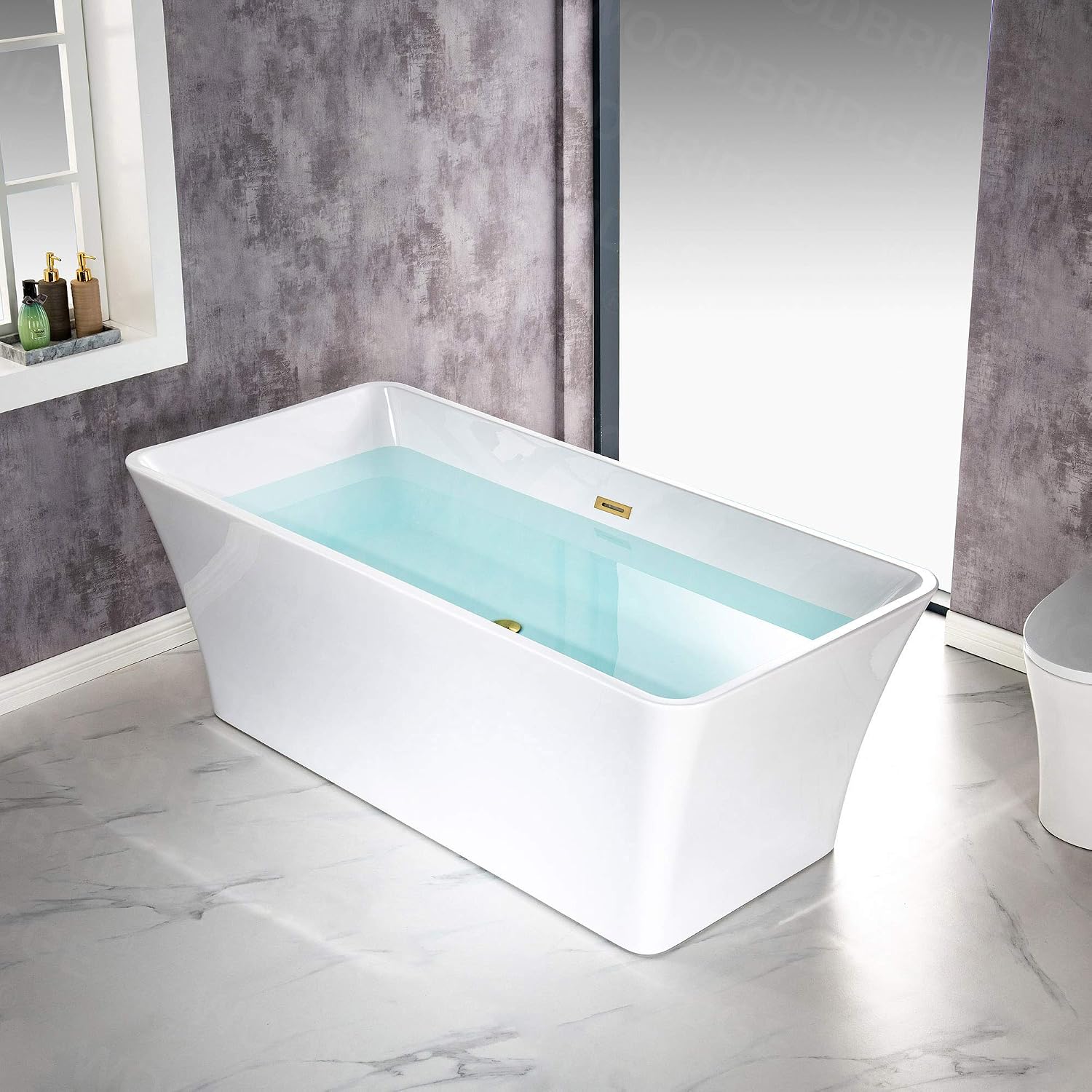 WOODBRIDGE 67' Acrylic Freestanding Bathtub Contemporary Soaking White Tub with Brushed Gold Overflow and Drain，BTA1609-BG-Drain &O