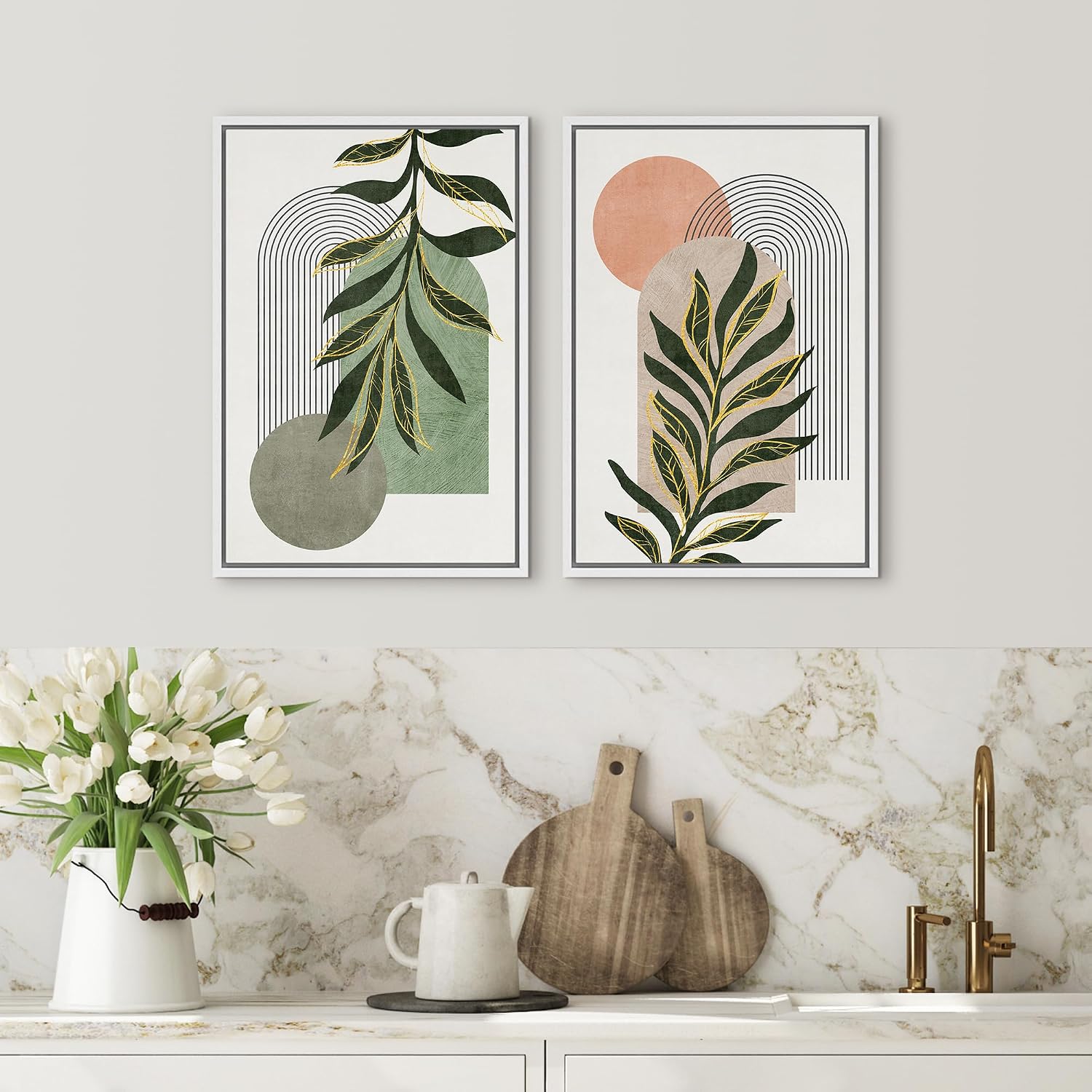 SIGNFORD Framed Canvas Print Wall Art Set Jungle Palm Leaf Geometric Polygons Abstract Shapes Illustration Modern Art Decorative Nordic Nature for Living Room, Bedroom, Office - 24'x36'x2 White