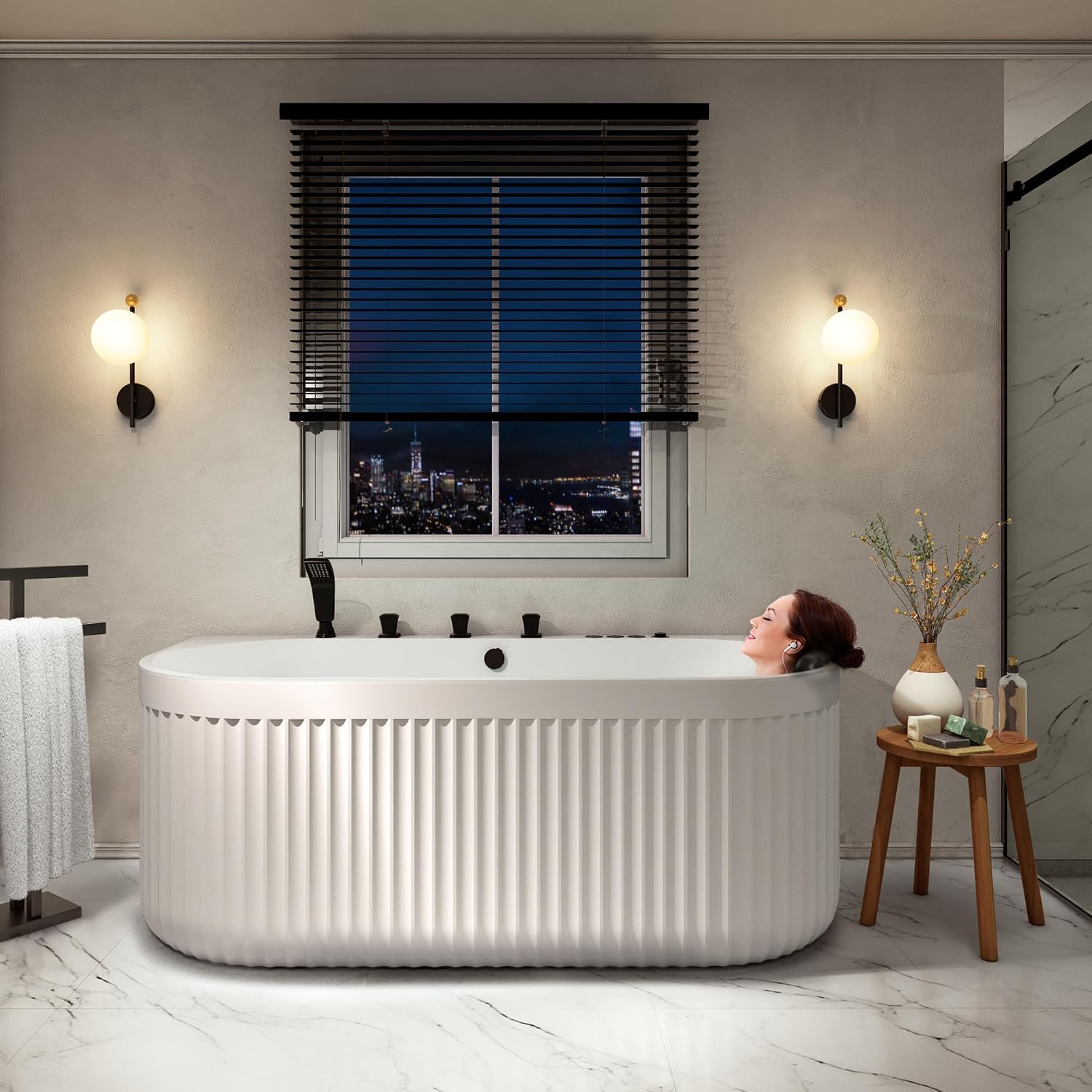 ANZZI Stone Bell 67' x 32' Freestanding Bathtub, Center Drain | Flat Bottom Tub with Air and Whirlpool Massage Jets, Lights, 5-Piece Faucet, 92 Gallon Free Standing Tub - White and Black