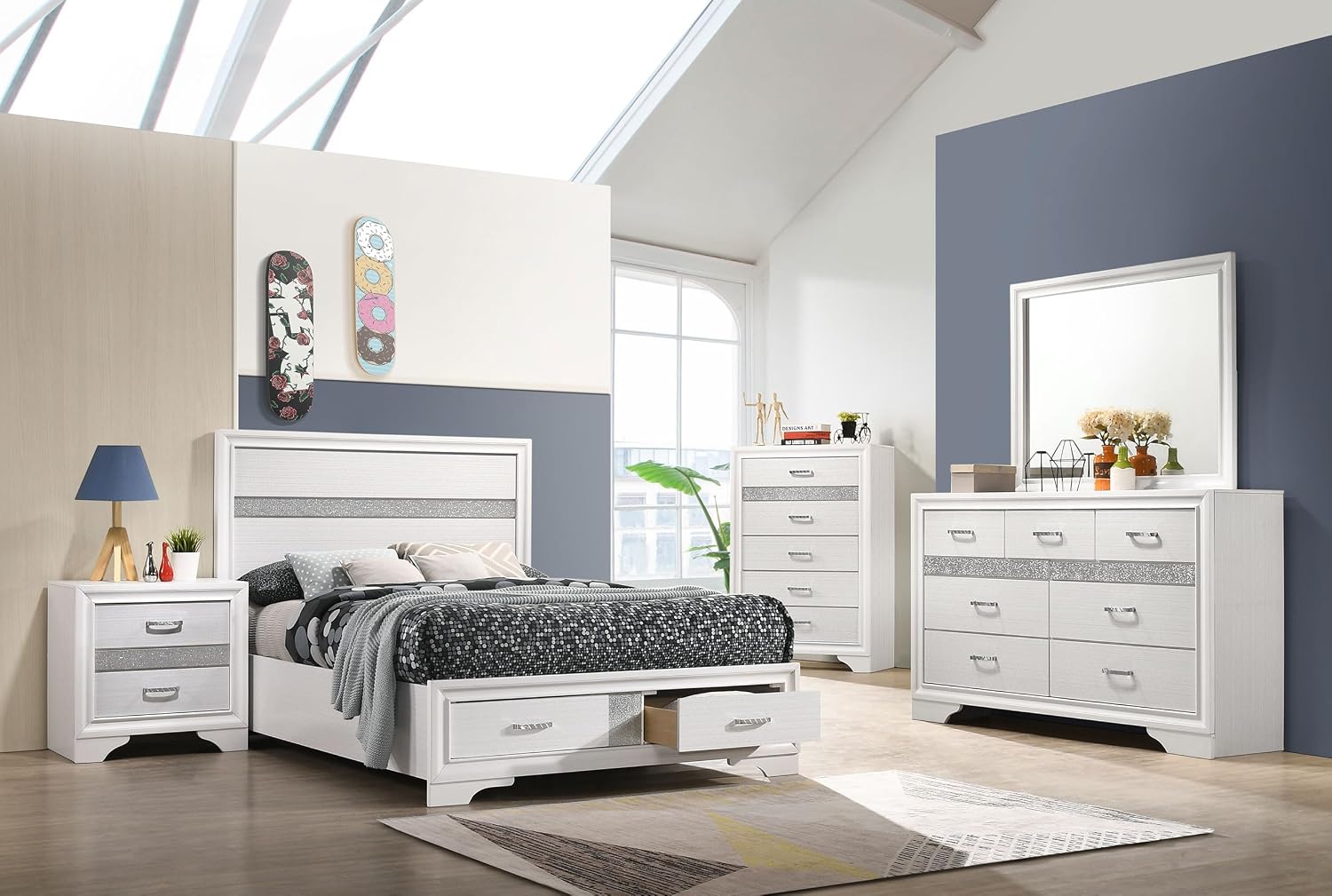 Coaster Home Furnishings Miranda Contemporary 5-Piece Bedroom Set Full Size Storage Panel Bed Frame 50-inch Headboard White 205111F-S5