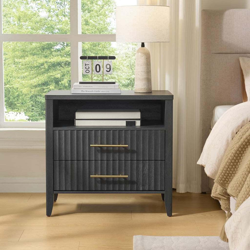 Fluted Nightstand with 2 Drawers, 27' Modern Nightstands Set of 2 with Storage Shelf, Large Queen Size Bedside Table and End Table for Bedroom, Office (Dark Gray, 1 Piece)