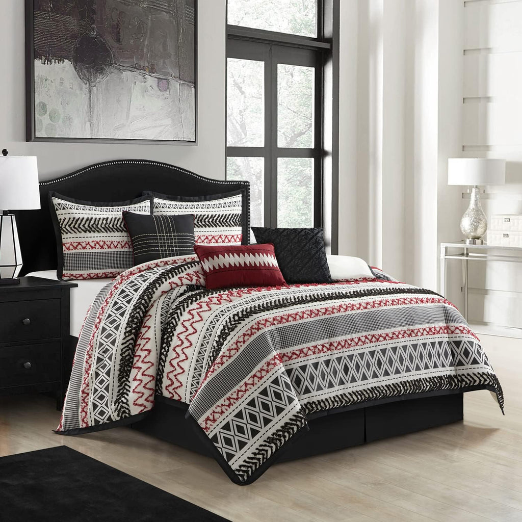 Grand Avenue Black Red Comforter Set Queen Size, 7 Piece Jaquard and Clip Soft Bedding Set, All Season, Matching Shams, Bedskirt, Decorative Pillows