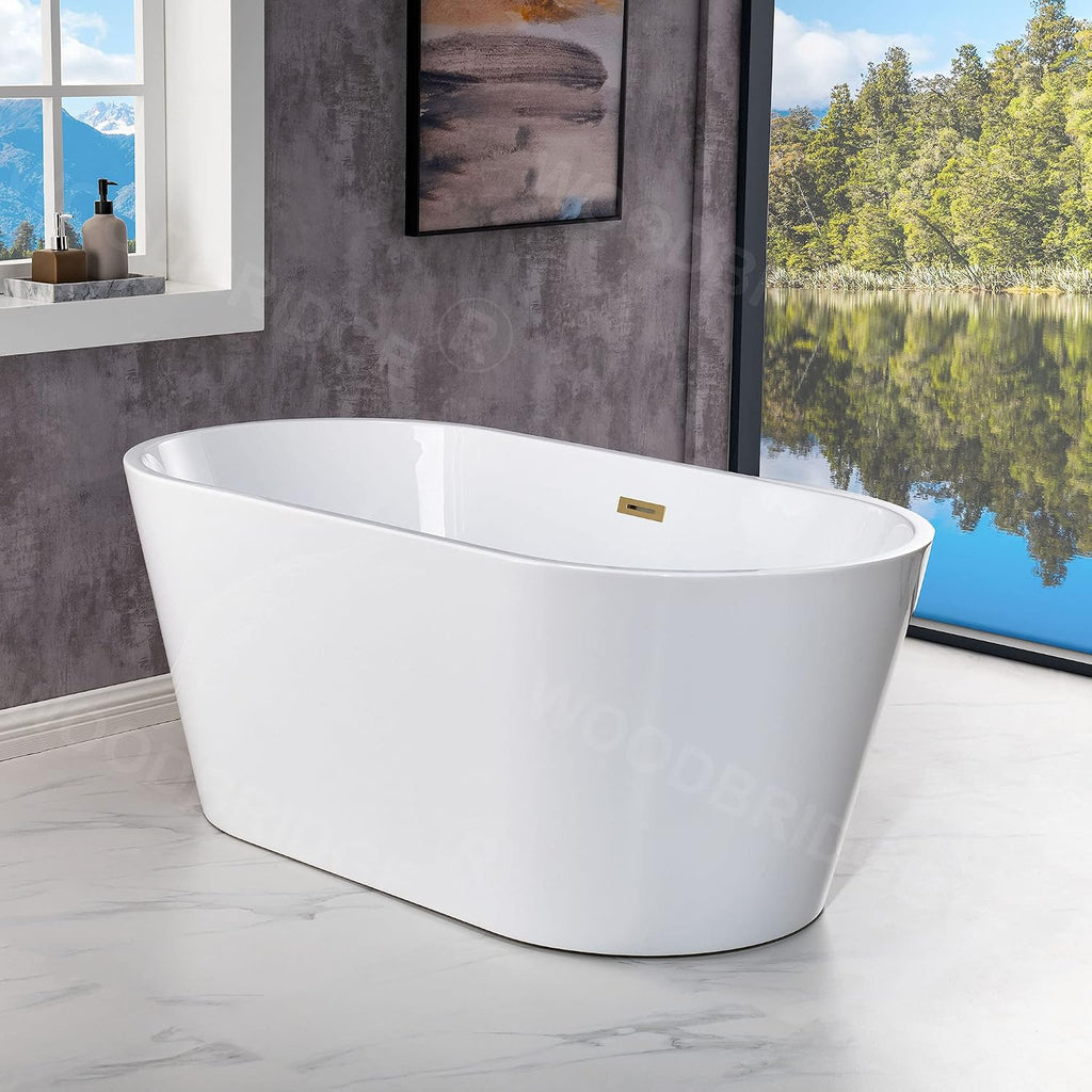 WOODBRIDGE 54' Acrylic Freestanding Bathtub Contemporary Soaking White Tub with Brushed Gold Overflow and Drain,B1702-BG