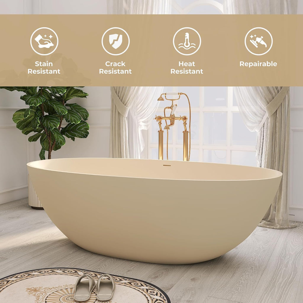 SJ STAR&JANE 65' Solid Surface Freestanding Bathtub, Oval Soaking Tub with Overflow and Pop-up Drain for Bathroom Cream