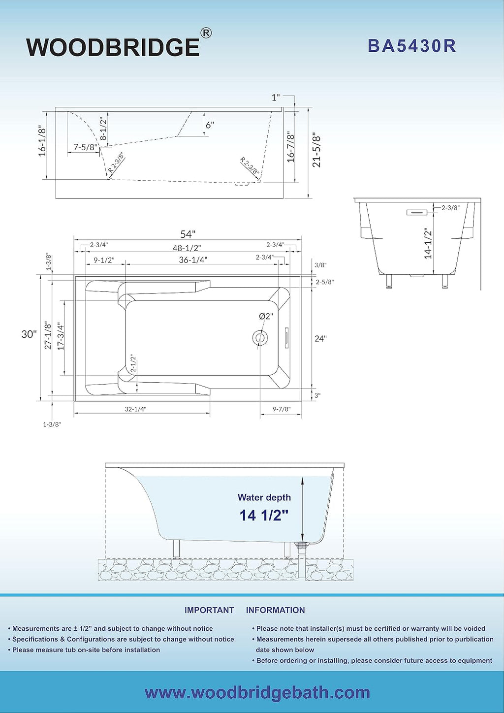 WOODBRIDGE 60' Acrylic Rectangular Alcove Soaking Bathtub in White with Right Drain, Brushed Nickel Pop-Up Drain Included BA6030R