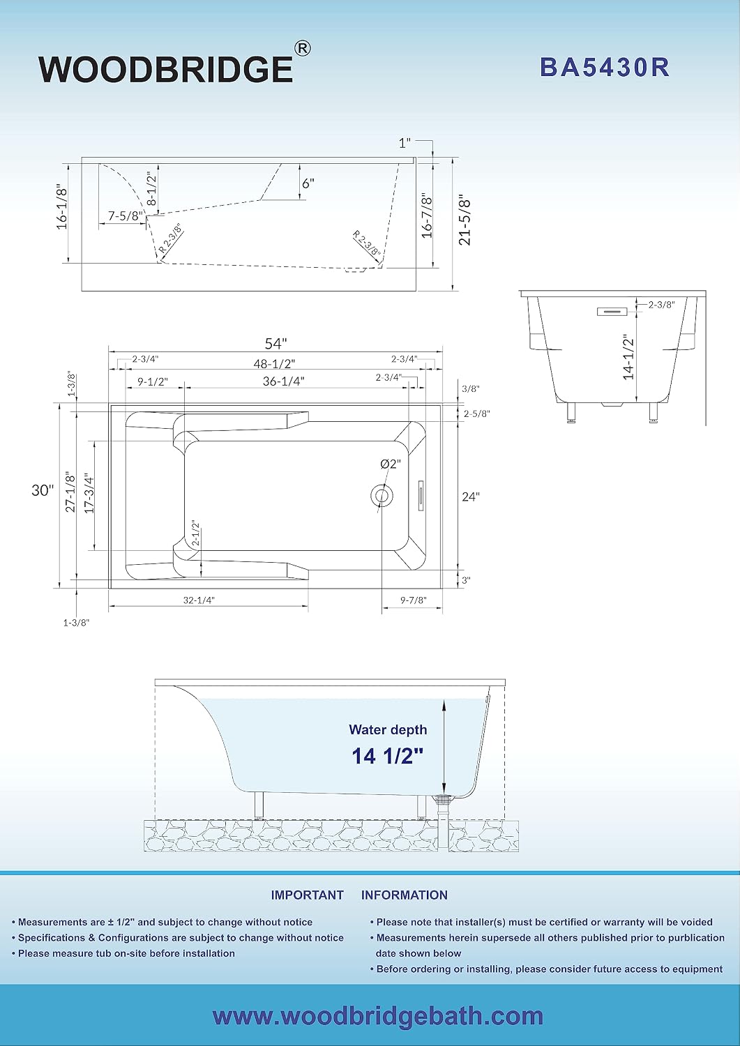WOODBRIDGE 60' Acrylic Rectangular Alcove Soaking Bathtub in White with Right Drain, Brushed Nickel Pop-Up Drain Included BA6030R