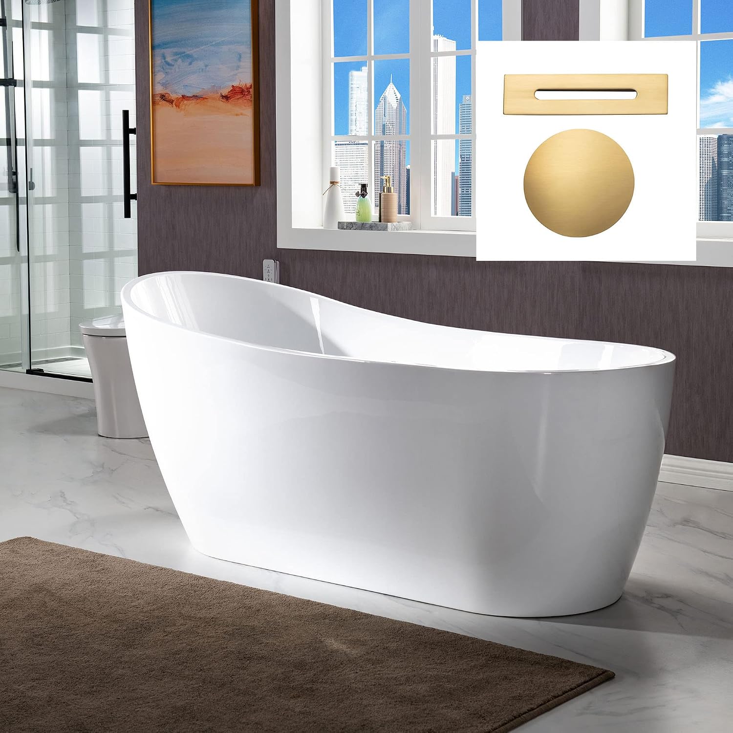 WOODBRIDGE 67' Acrylic Freestanding Bathtub Contemporary Soaking Tub with Brushed Gold Overflow & Drain,White,BTA-1508/B-0001-BG