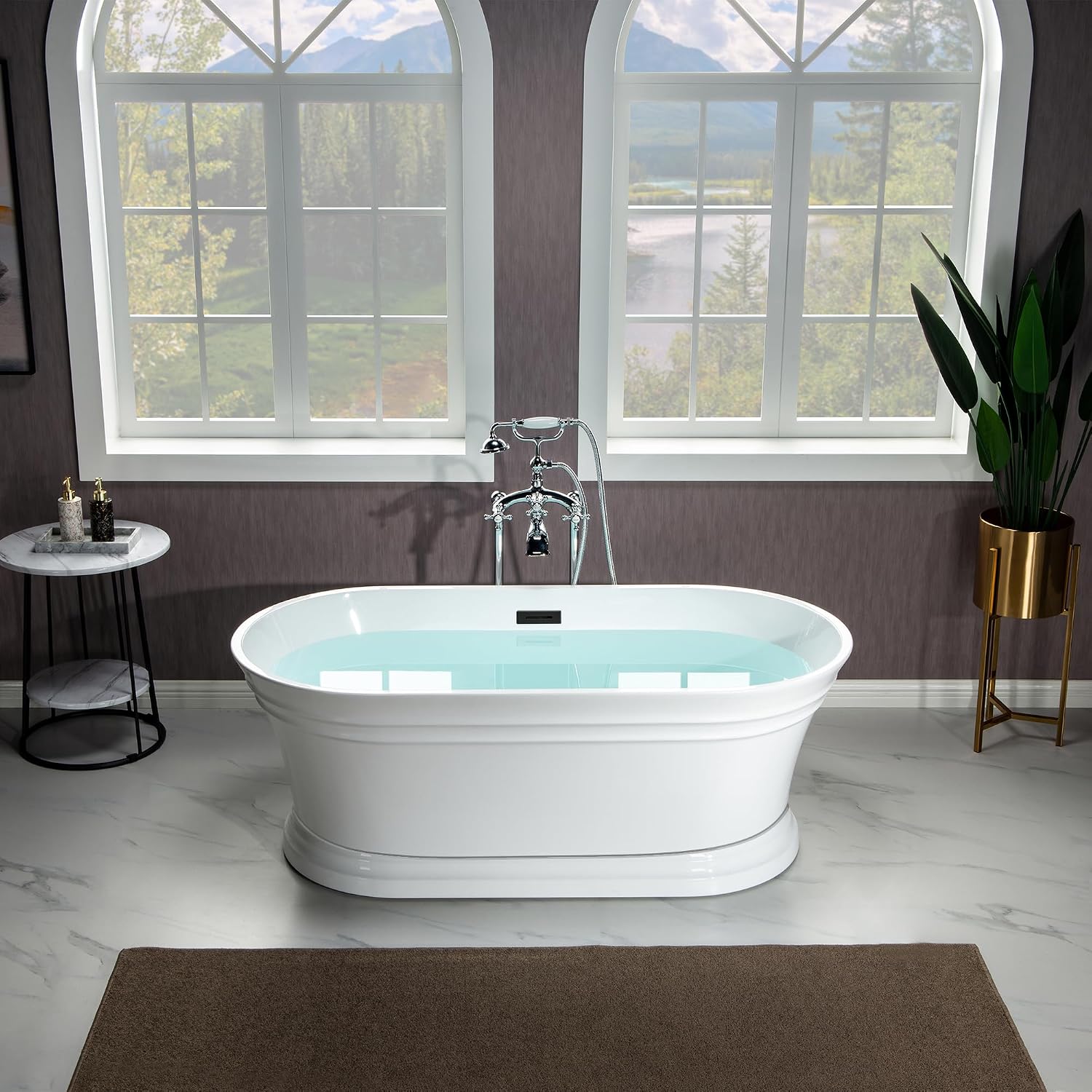 WOODBRIDGE 59'Freestanding White Acylic Soaking Bathtub with Matte Black Drain and Overflow,B1536-MB