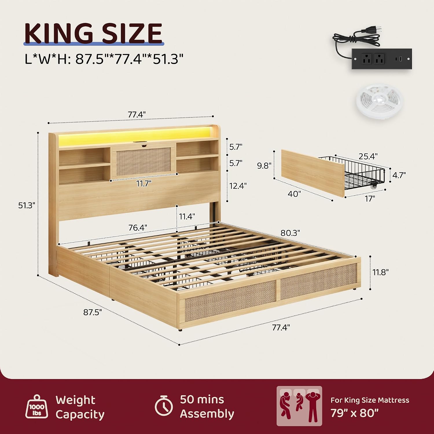 BRELTAM King Size Rattan Bed Frame with 4 Storage Drawers and 51.3' Tall Hidden Storage Headboard Wooden Platform Bed Frame with LED Lights and Charging Station, No Box Spring Needed, Natural