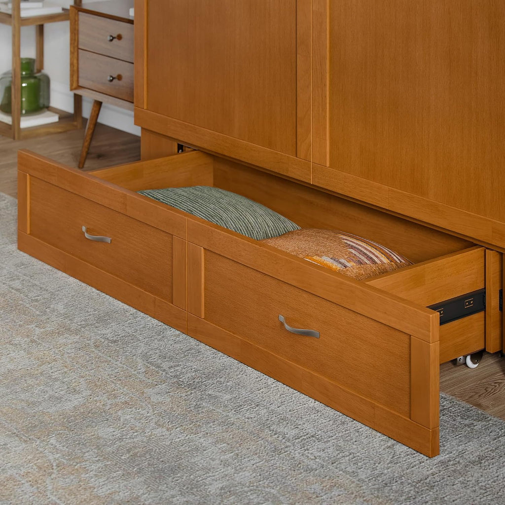 AFI Hamilton Queen Murphy Bed Chest with Mattress, Storage, and Built-in Charger in Light Toffee
