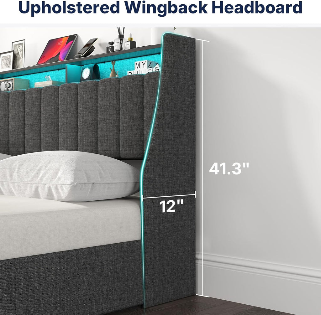 Zevemomo Queen Bed Frame with 4 Storage Drawers, Upholstered Queen Size Bed Frames with Headboard, Queen Size Bed Frame with LED Lights, Dark Grey