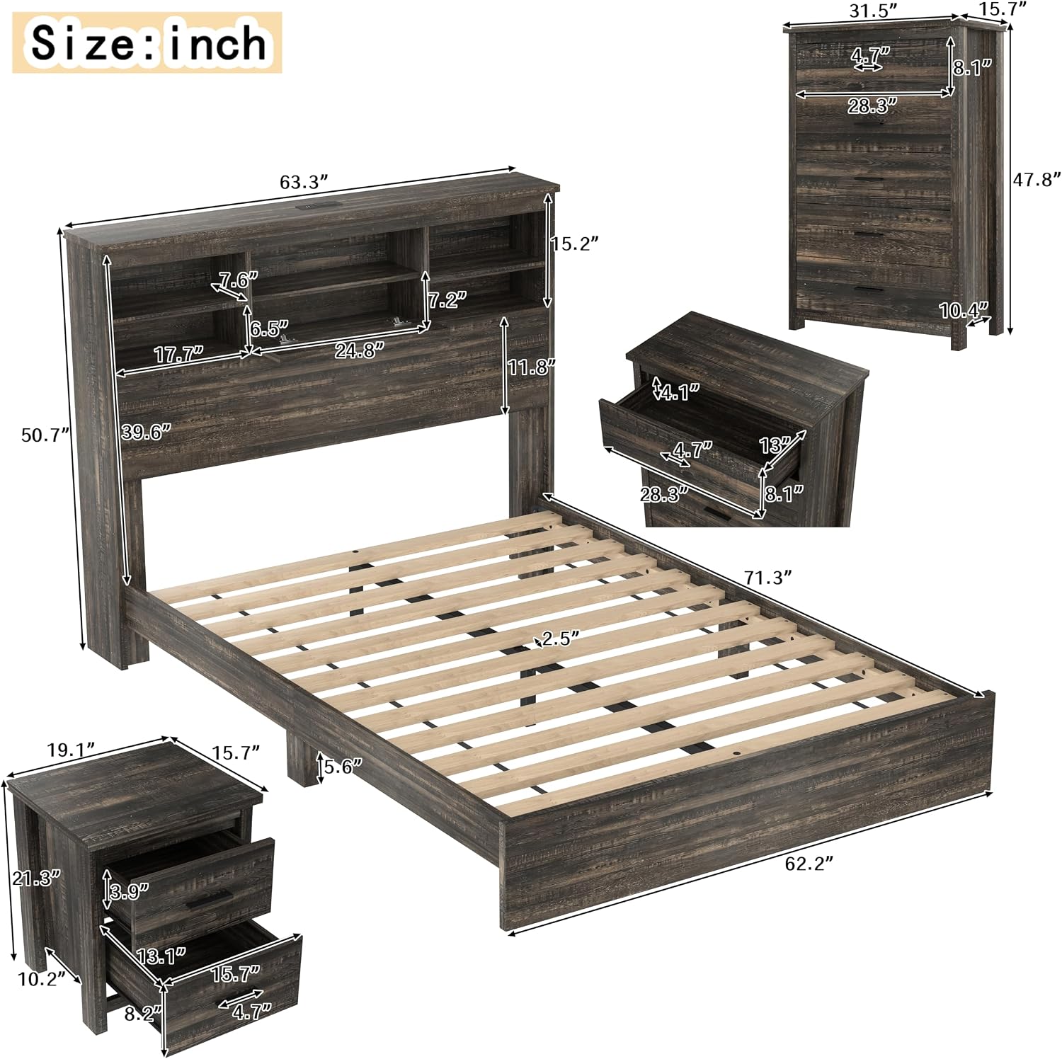 4PCS Bedroom Sets, Wooden Queen Size Bed Frame with Storage Headboard and Charging Station, 2 Nightstands with 2 Drawers,1 Dresser with 5 Drawers,Noiseless, No Box Spring Needed (Gray-JU3)