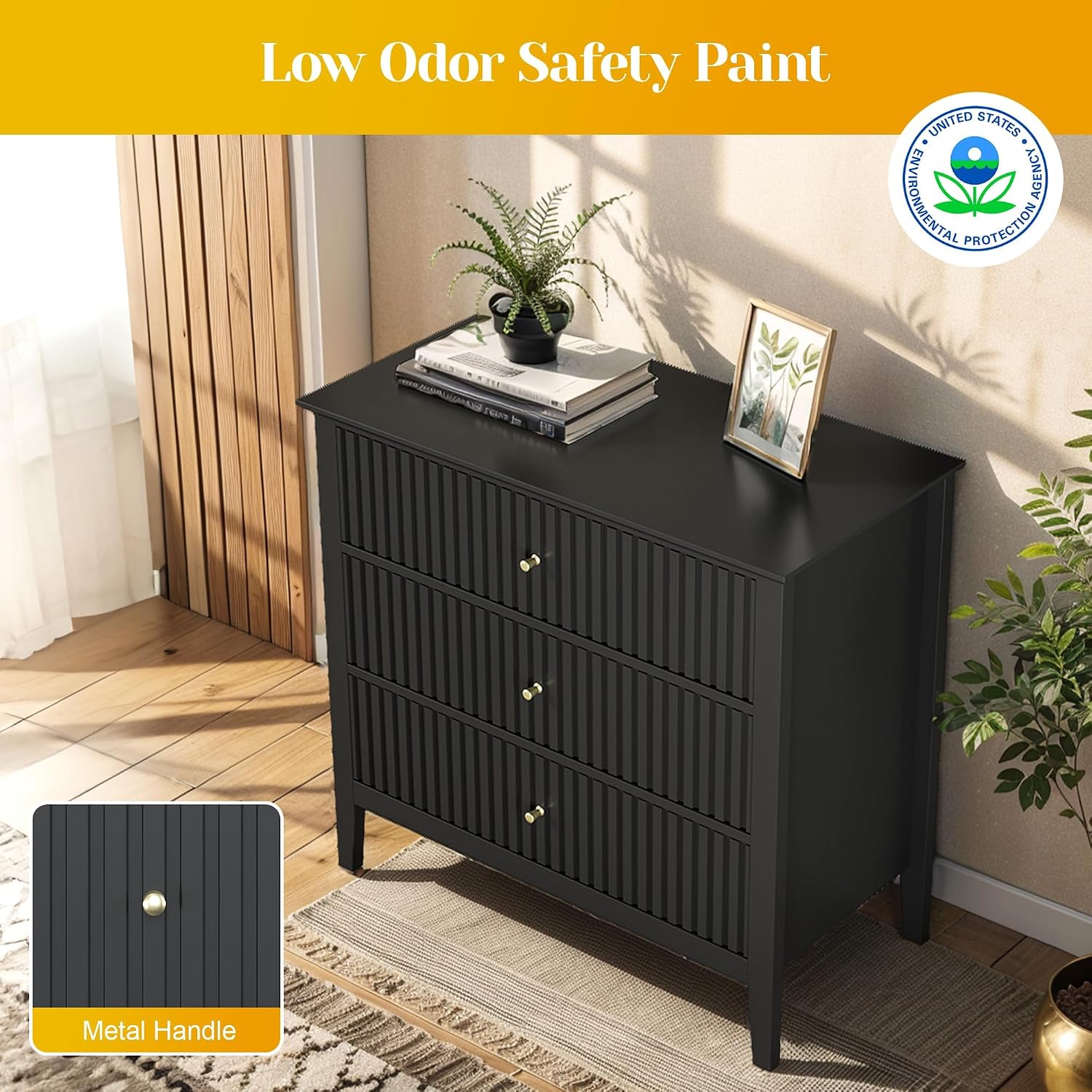 May in Color Large Black Fluted 3 Drawer Dresser Set of 2, Chest of Drawers with Ball Bearing Slide Modern 30 inch Tall Wood Nightstand with Spacious Storage for Bedroom Hallway Living Room Entryway